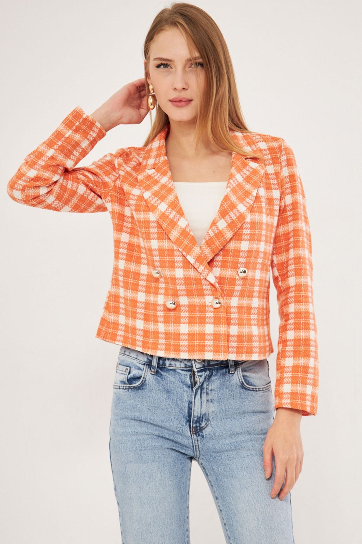 WOMEN WHITE-ORUNCU CRABLE YAKA TÜVİT CROP JACKET ARM-24K001014