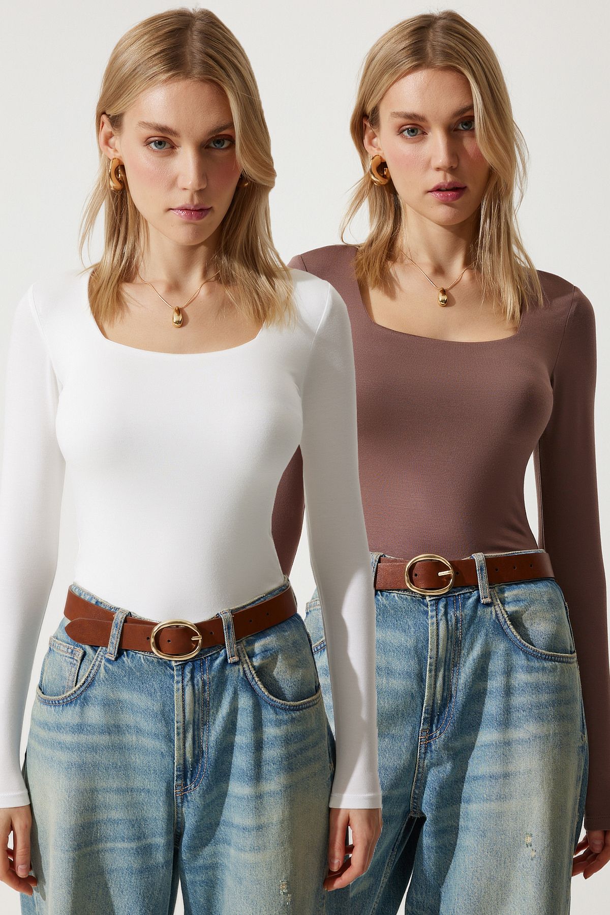 Female Brown White Square Neck Binary Package Knitting Blouse RX00041