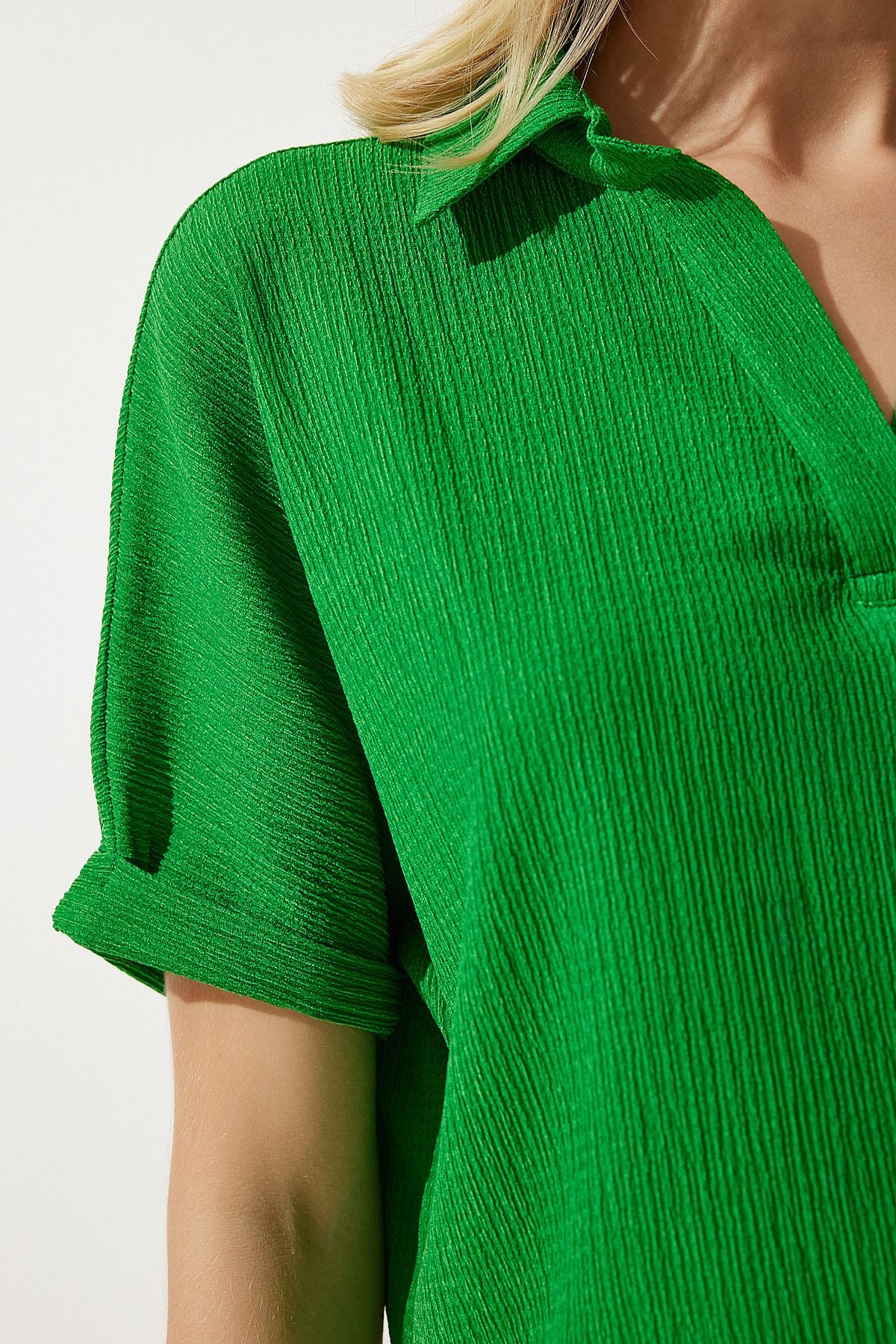 Female green polo collar knitted kinkil blouse DD01299