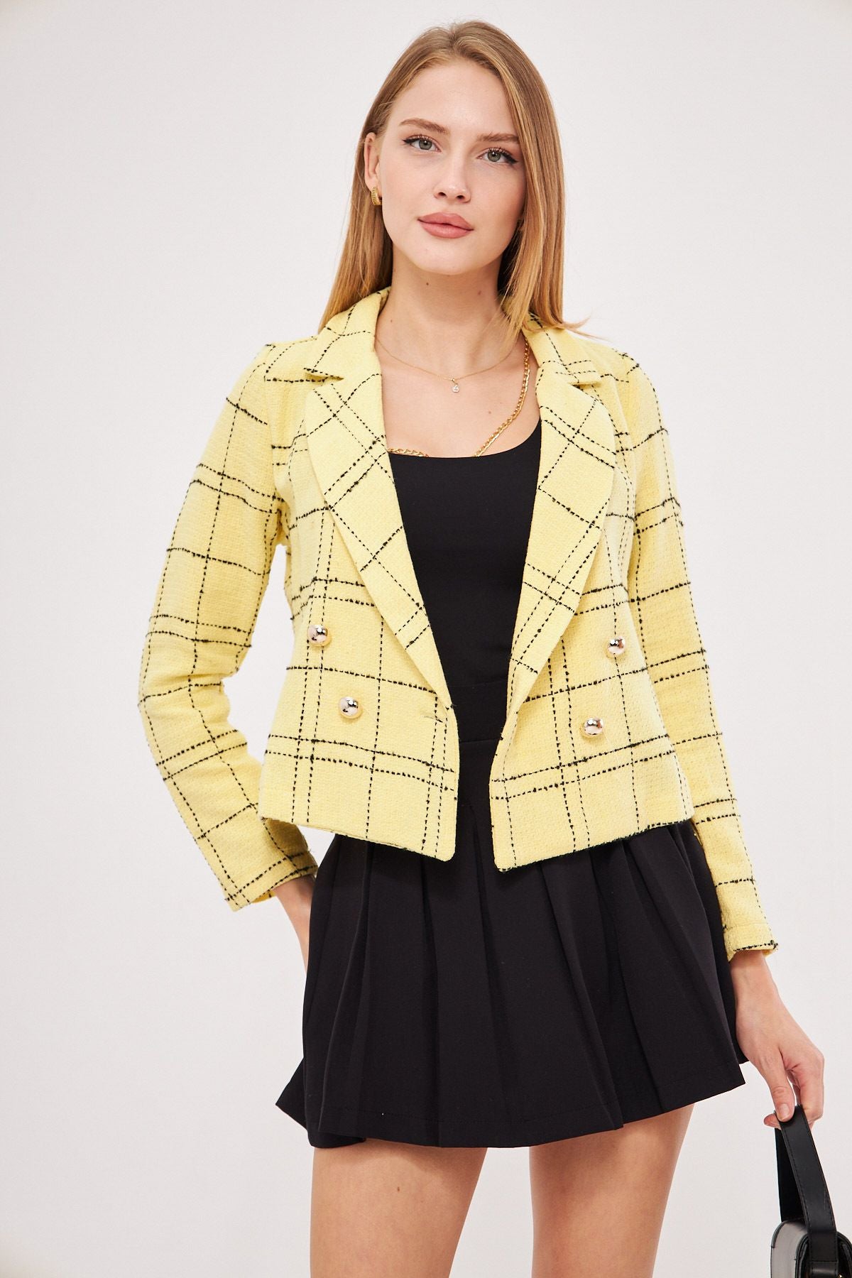 WOMEN Yellow-Black Cruve Yaka Tüvit Crop Jacket ARM-24K001014