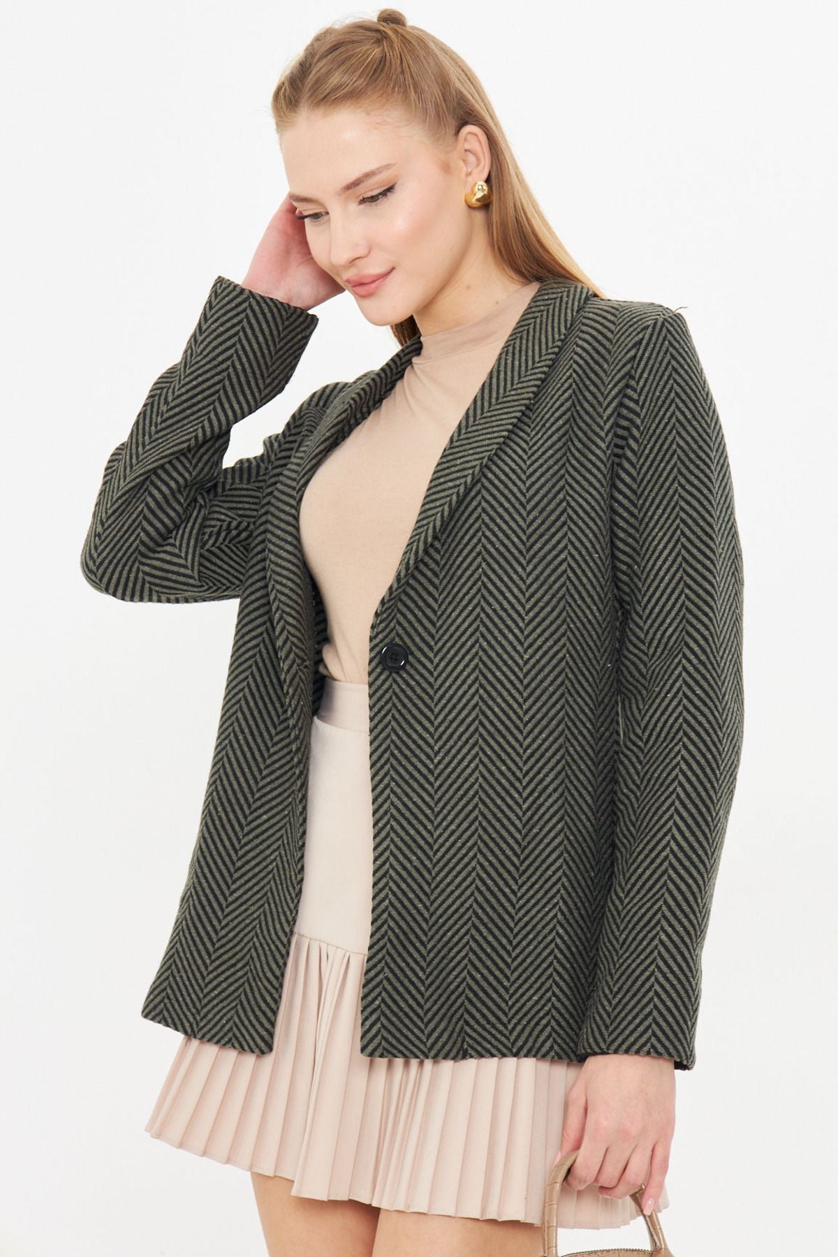 Female Khaki Fish Ridge Pattern Folding Single buttoned stamp jacket ARM-24K001066