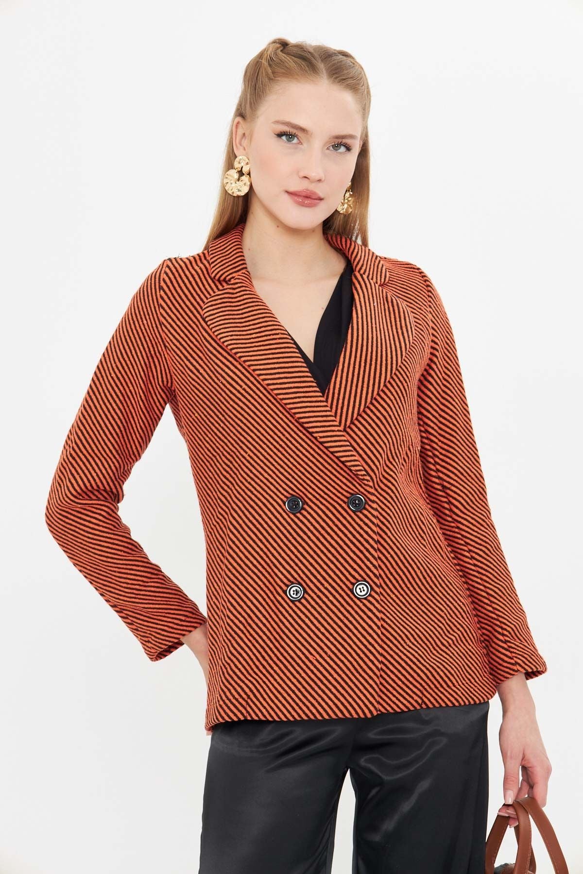 Women's Orange Line Patterned Four buttoned stamp jacket ARM-24K001037