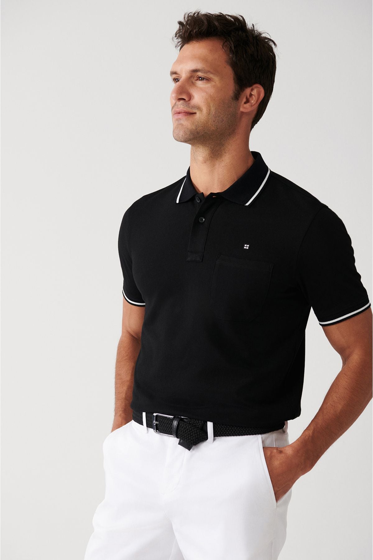 Men's black curved collar with 2 buttoned polo collar t-shirt E001031