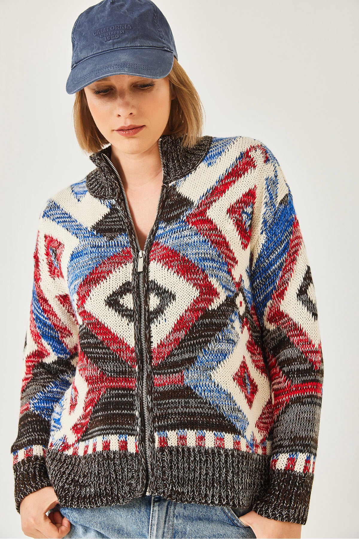 Women's Zippered Patterned Knitwear Cardigan 20246951