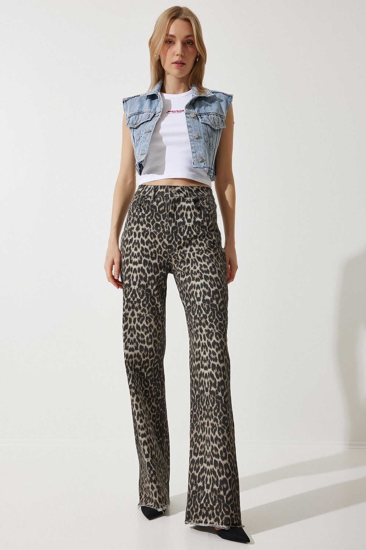 Women's black beige leopard patterned Palazzo Jean VC00002
