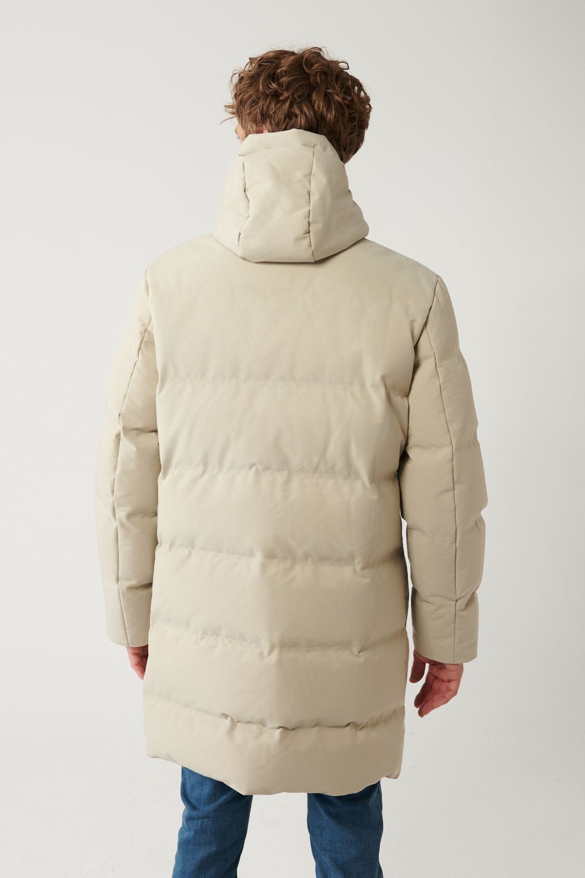 Men's Beige Hooded Goose Feathery Water Driving Long Coat Coat A32Y6047