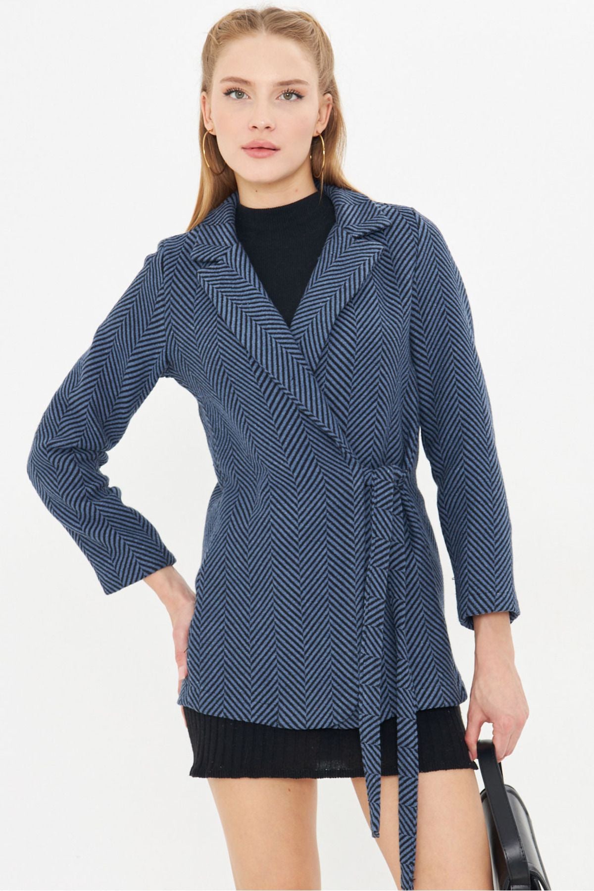 Woman Dark Blue Side Fish Pattern Pattern Stamp Jacket ARM-25K001074