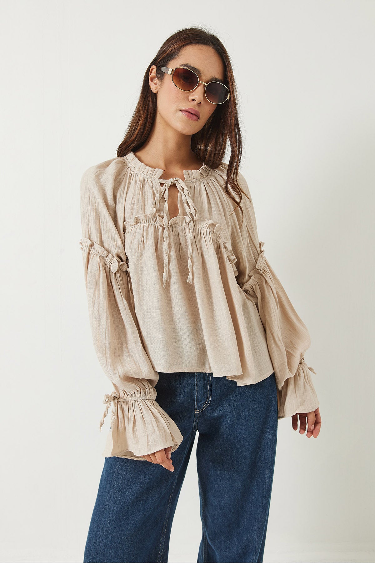 Women's Tie Detailed Balloon Sleeve Loose Seersucker Blouse 252 60282002
