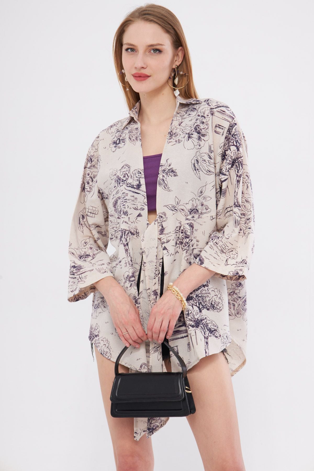 Female Purple Patterned Linen-looking front-binding kimono shirt ARM-24Y001079