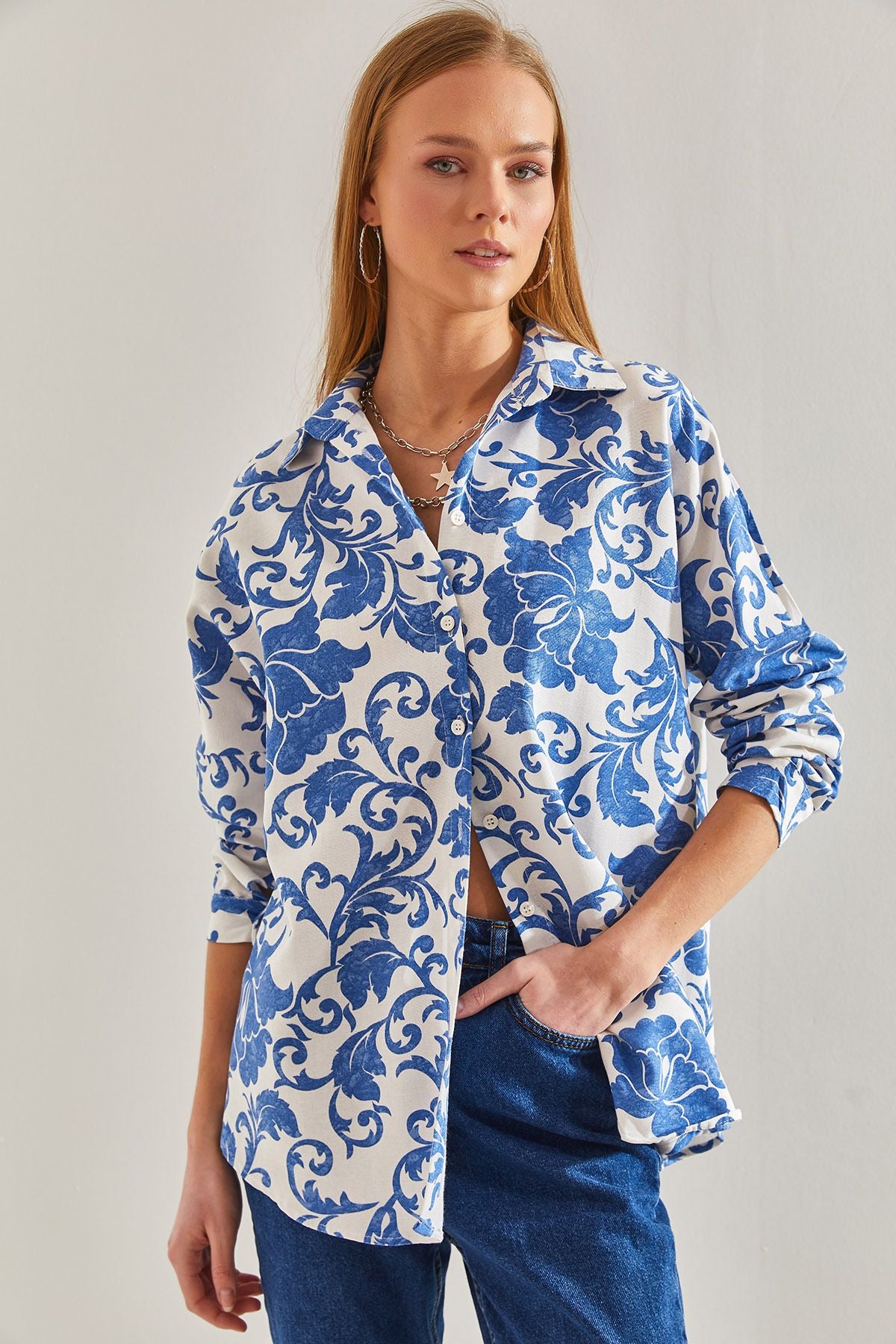 Women Patterned Shabby Linen Shirt 60101020