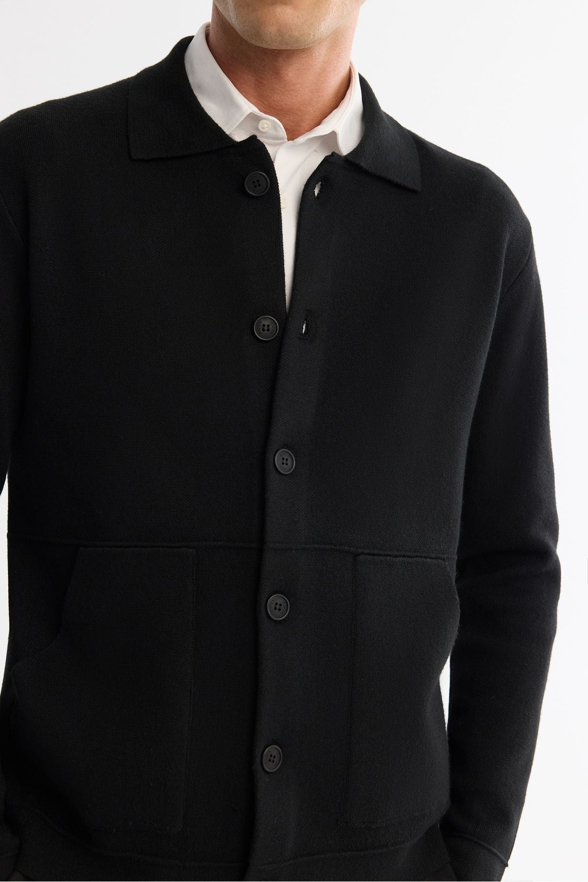 Men's Black Polo Yaka woolen gangbreled knitwear cardigan A42y5141