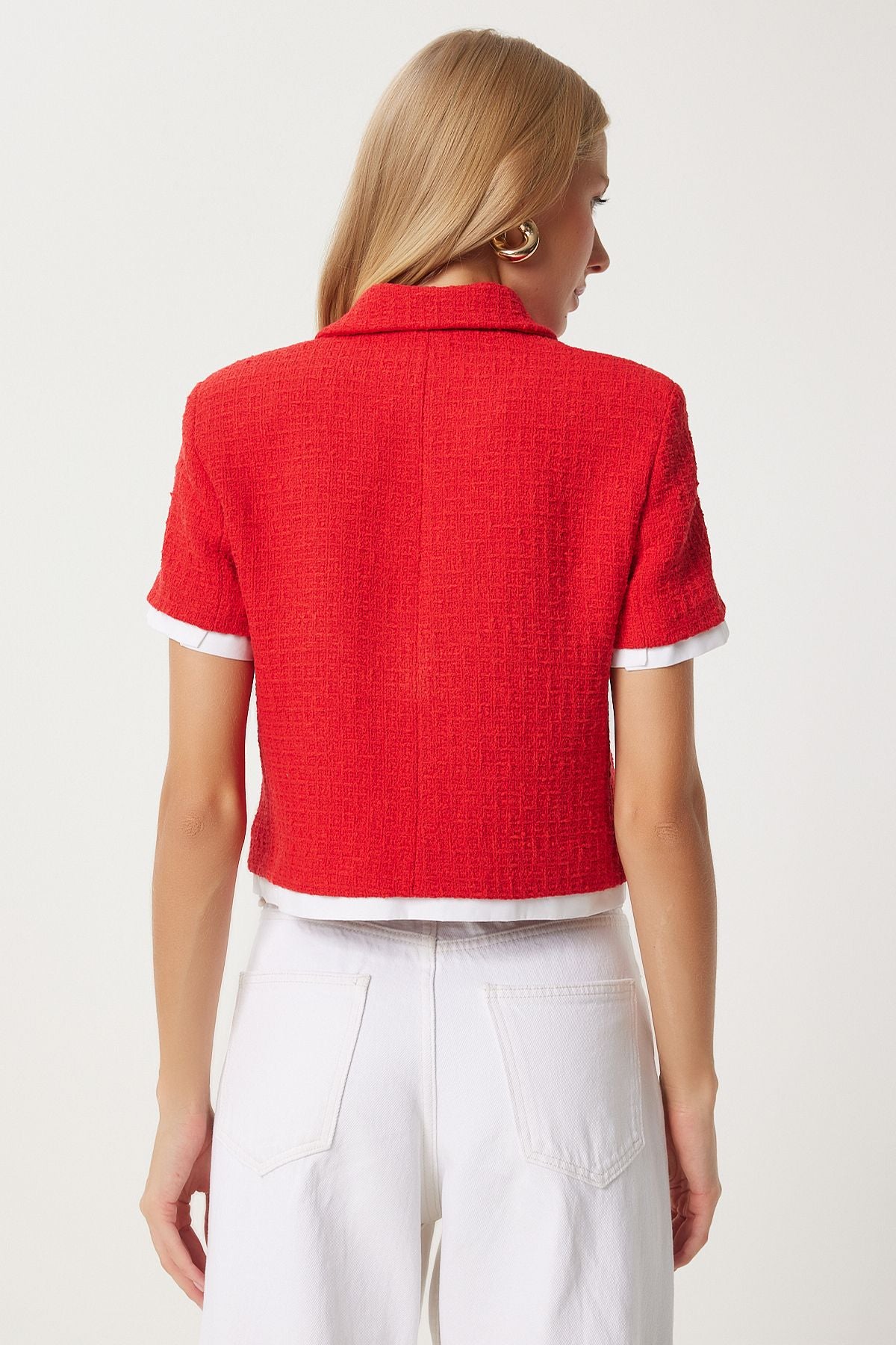 Woman Red Garni Detailed Crop Tüvit Jacket WF00088