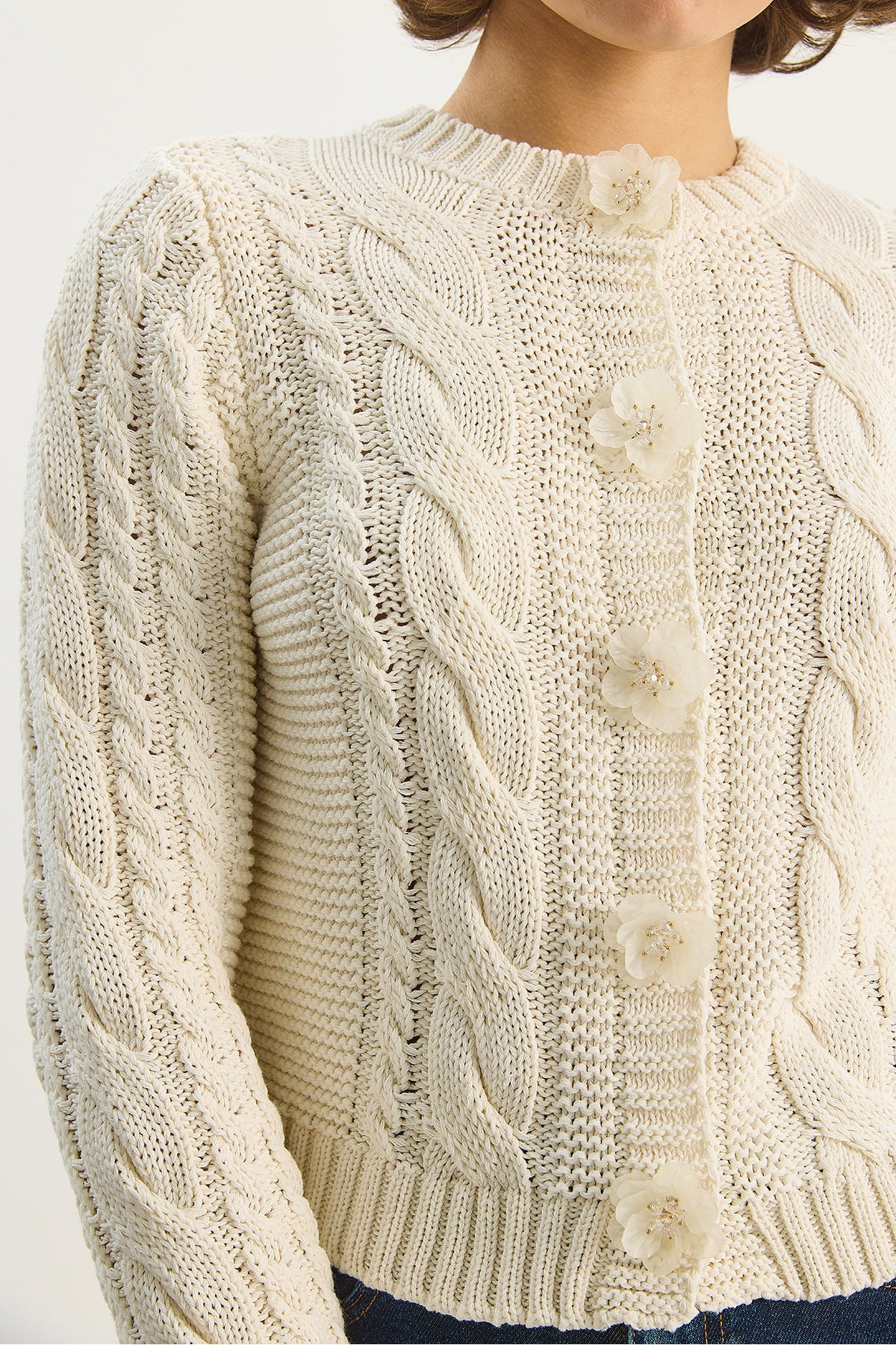 Women's Crew Neck Hair Knitted Flower Button Accessory Knitwear Cardigan 4986 60283706