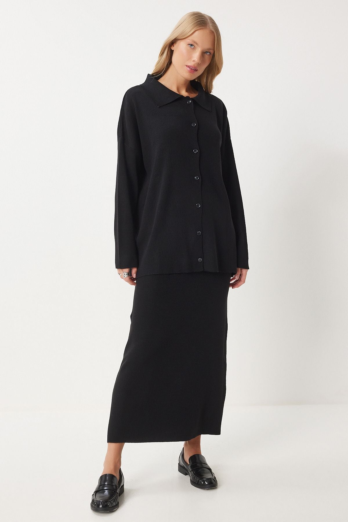 WOMEN BLACK Polo Yaka knitwear cardigan skirt set PF00090