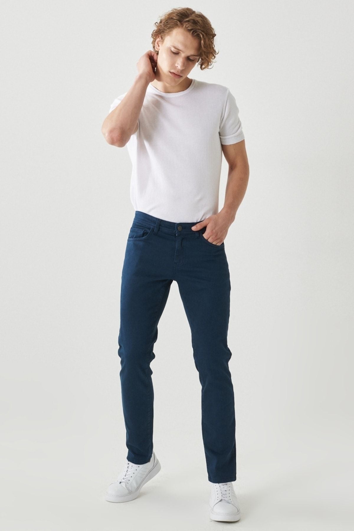 Men's navy blue 360 degrees stretching in all directions slim fit narrow cut cotton cotton pants