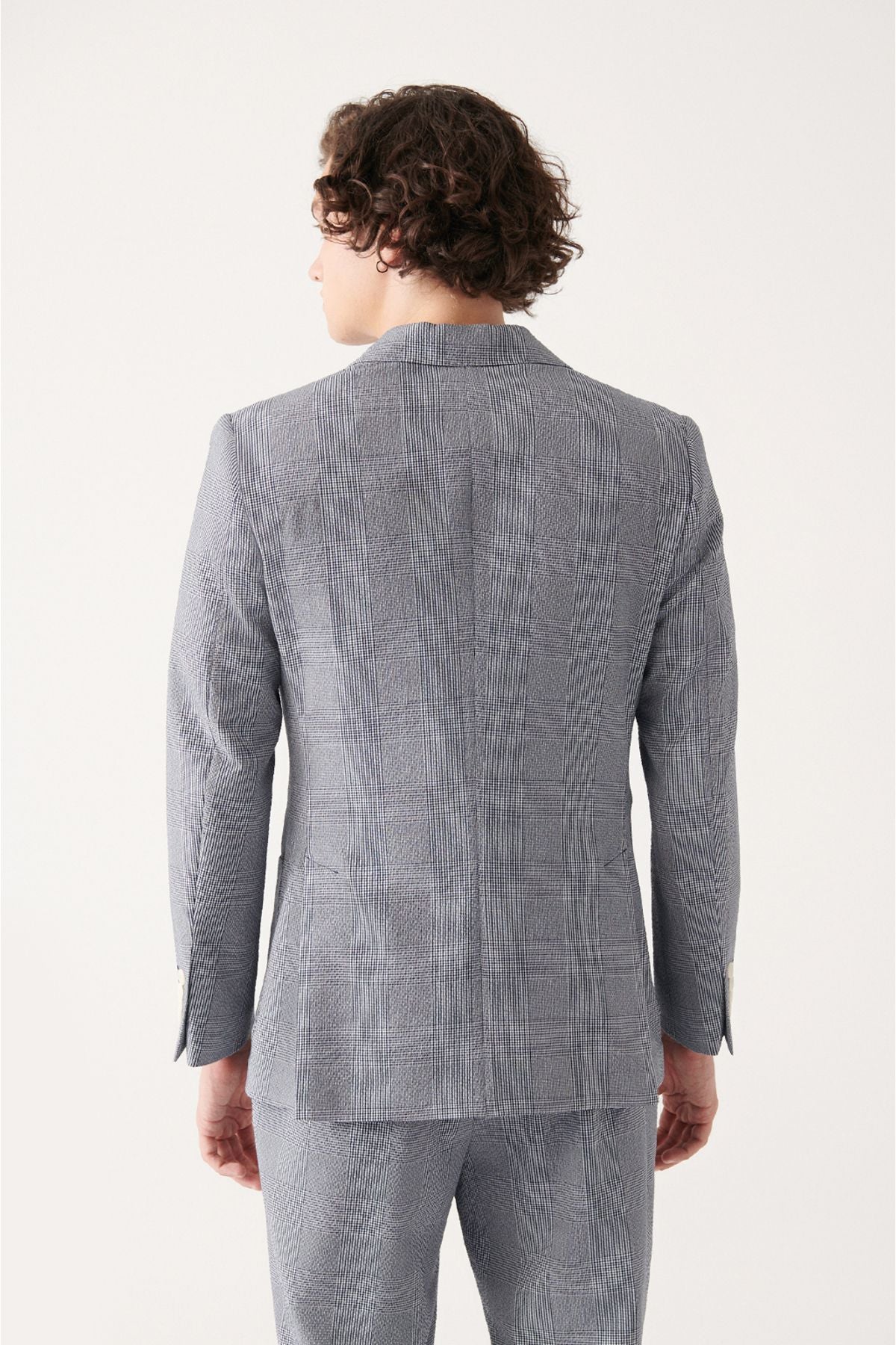 Men's Navy Blue Plaid Waiting Double Slit Jacket A31y4015