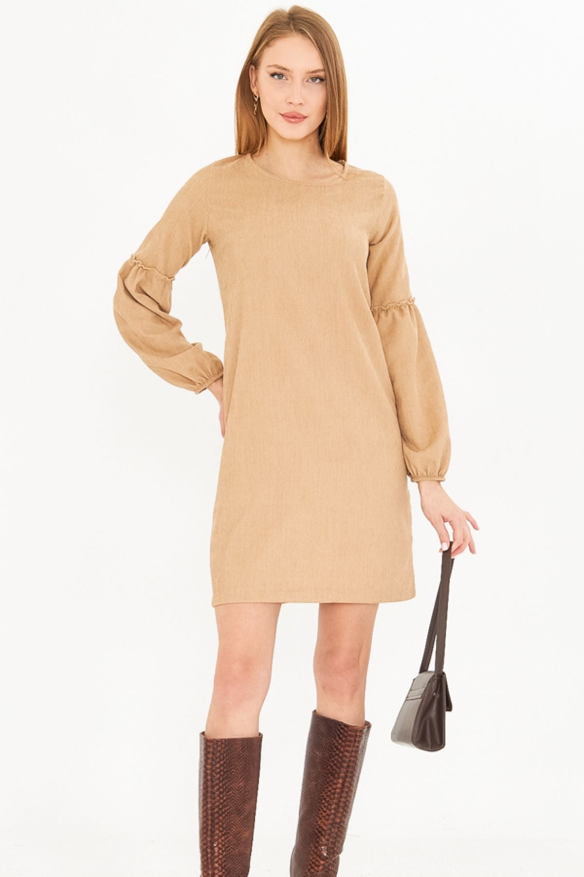 Female Beige Branch Velvet Dress with Balloon Arm-20K001107