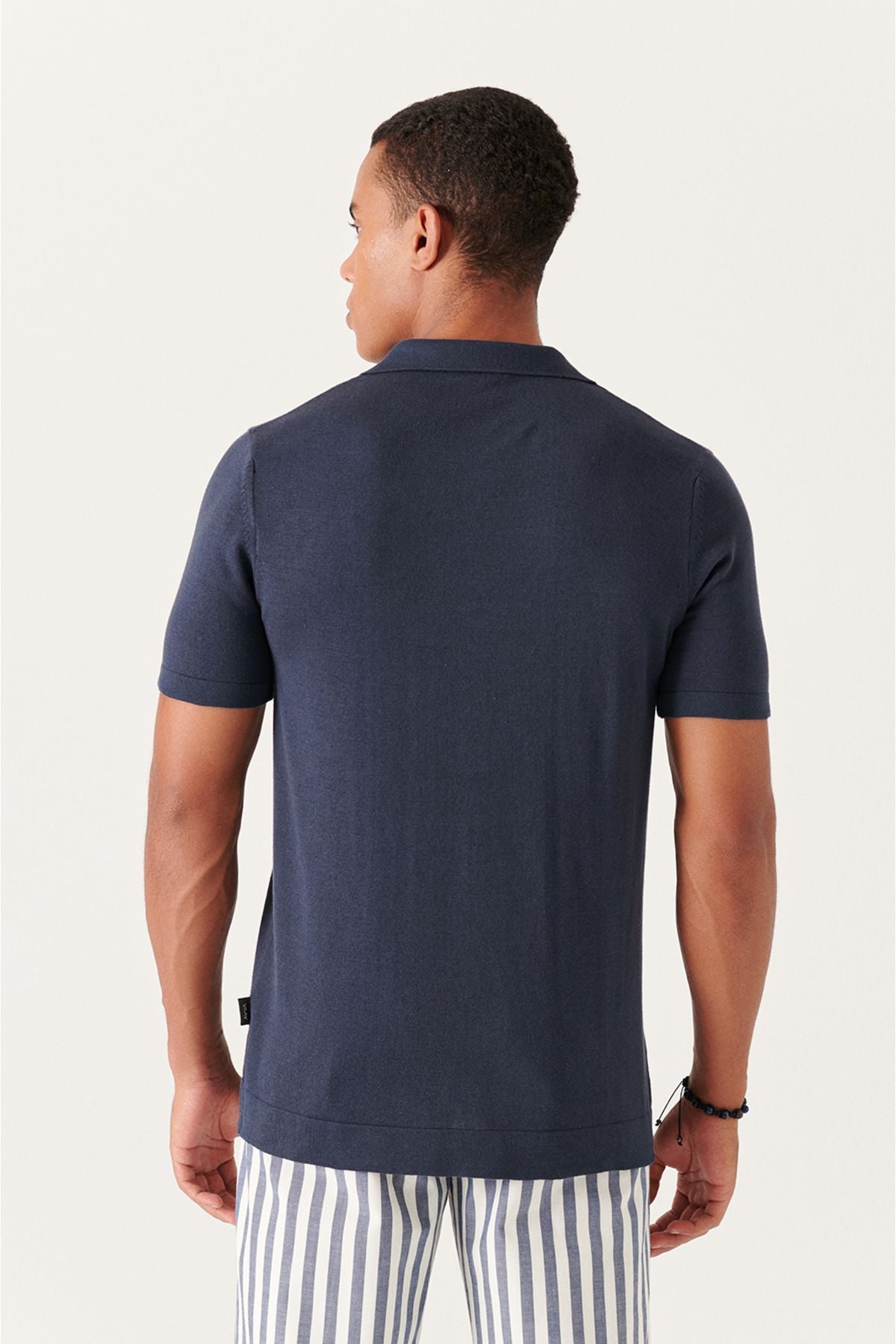 Men's navy blue Cuba collar button knitwear t-shirt B005008