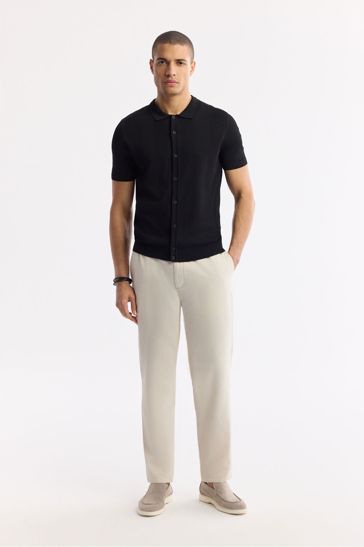 Men's black polo collar front buttoned wick knit patterned rayon knitwear T-shirt A51y5001