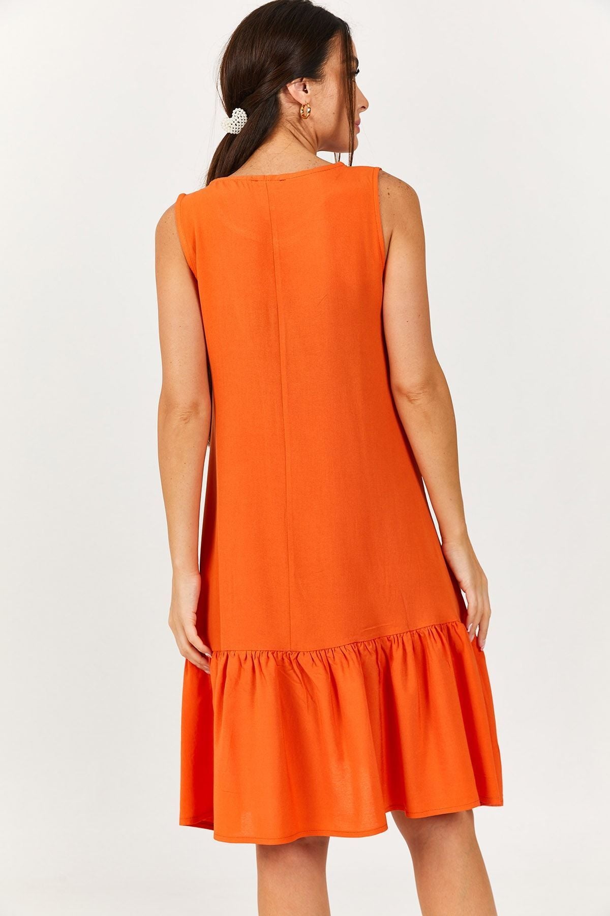 Women's Orange Sleeveless Skirt Ruffle Dress Arm-18y001156