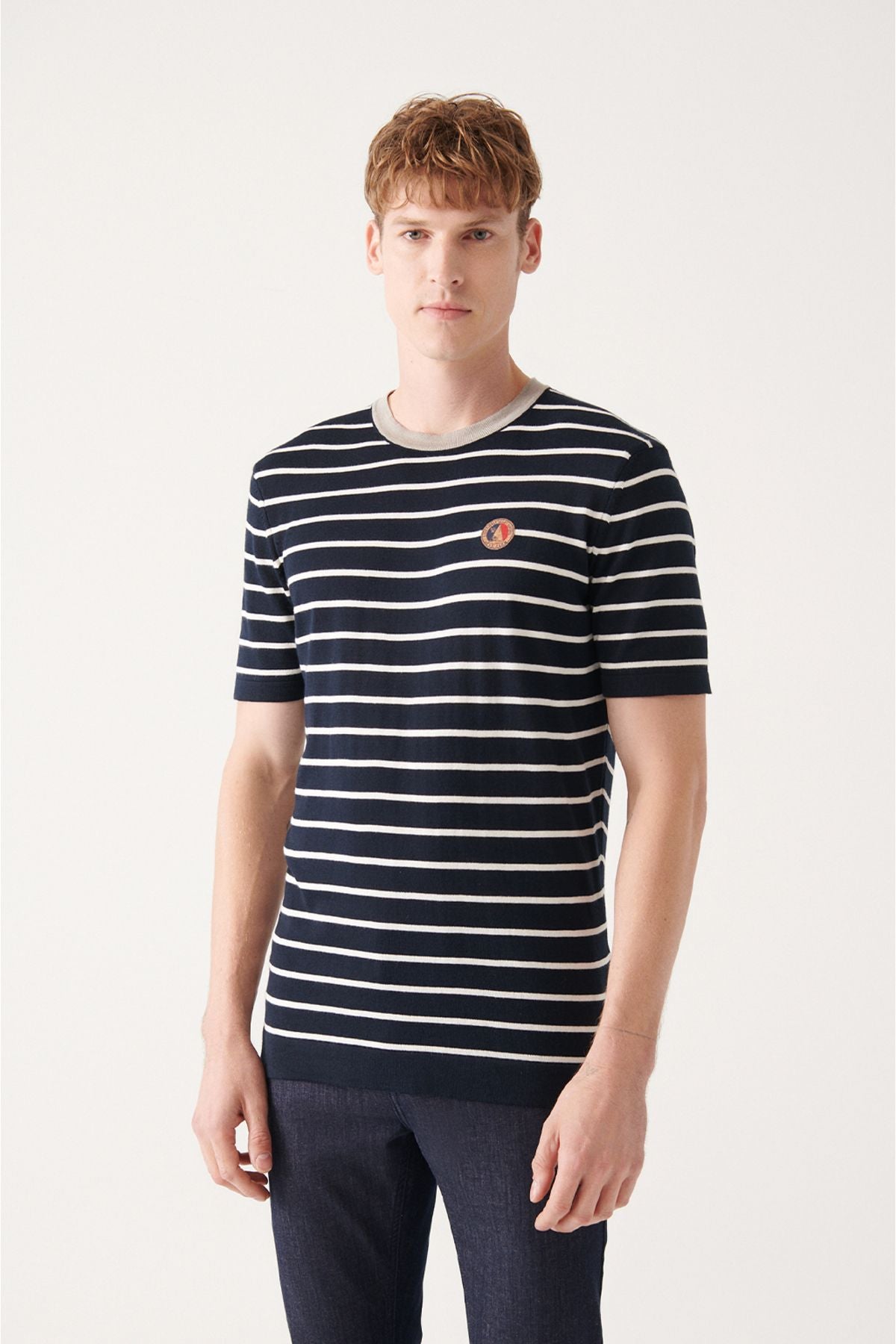 Men's navy blue cotton bike collar striped knitwear T-shirt A31y5032