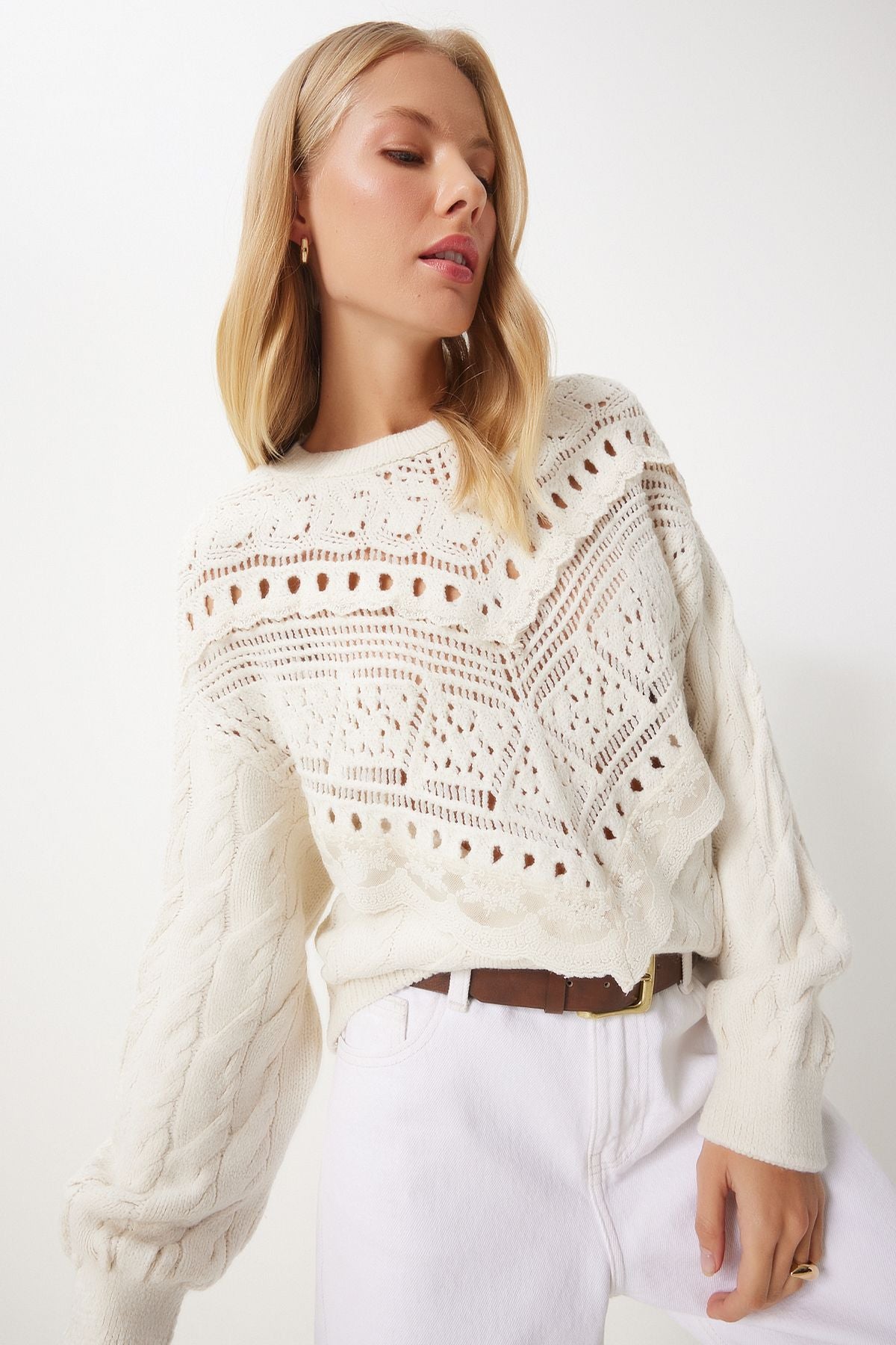 Women's Cream Lace Detail Offer Knitwear Kazakh KL00005
