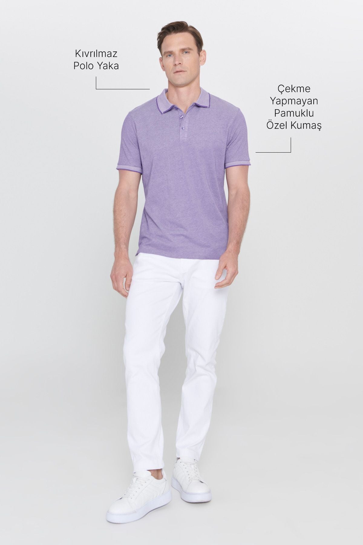 Men-Plugging Cotton Fabric Slim Fit Narrow Cut Purple-White Curlled Polo Yaka T-shirt