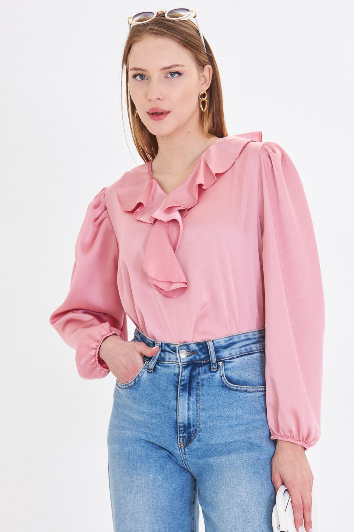 Woman Light Pink collar frilled shoulder shirred arm tire cotton satin blouse ARM-22K001059