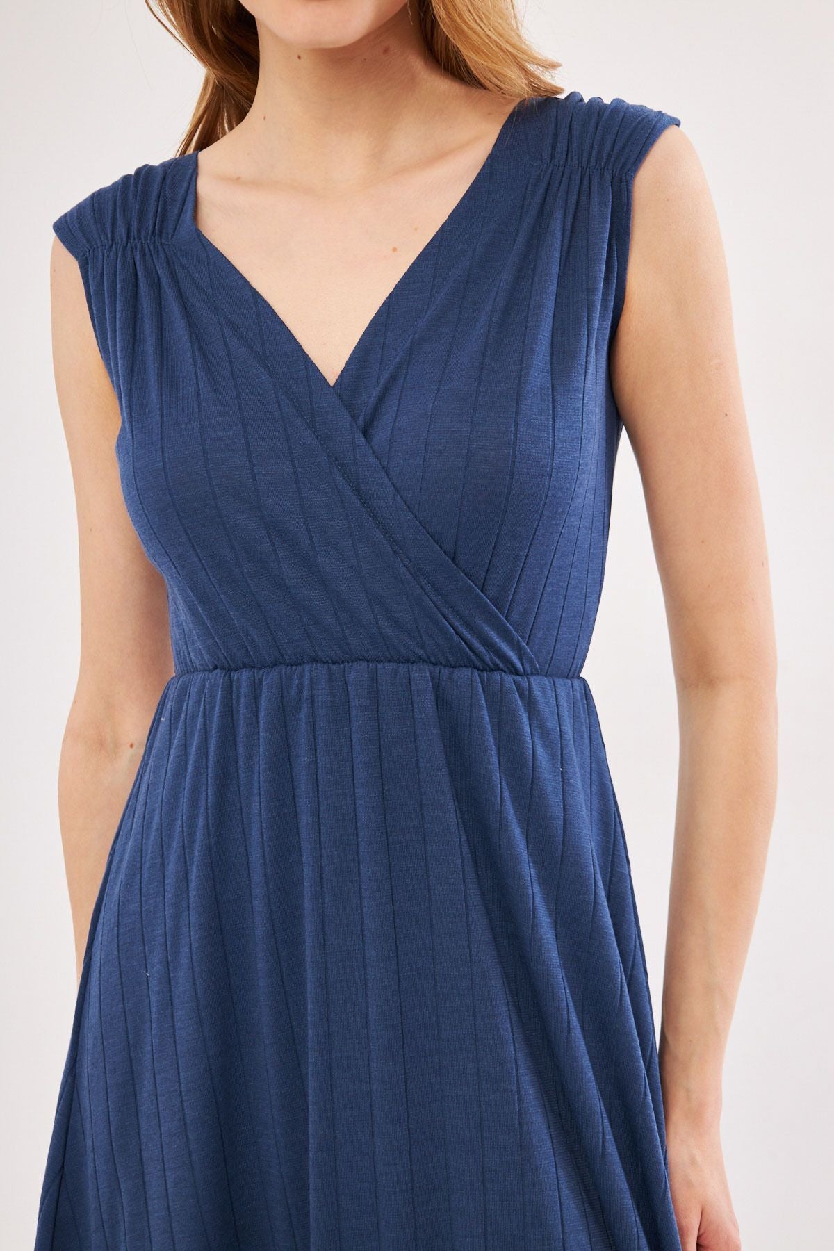 Woman Dark Blue Waist and Shooter Skirt Cruve Cruve Midi Boy Dress ARM-24Y001017