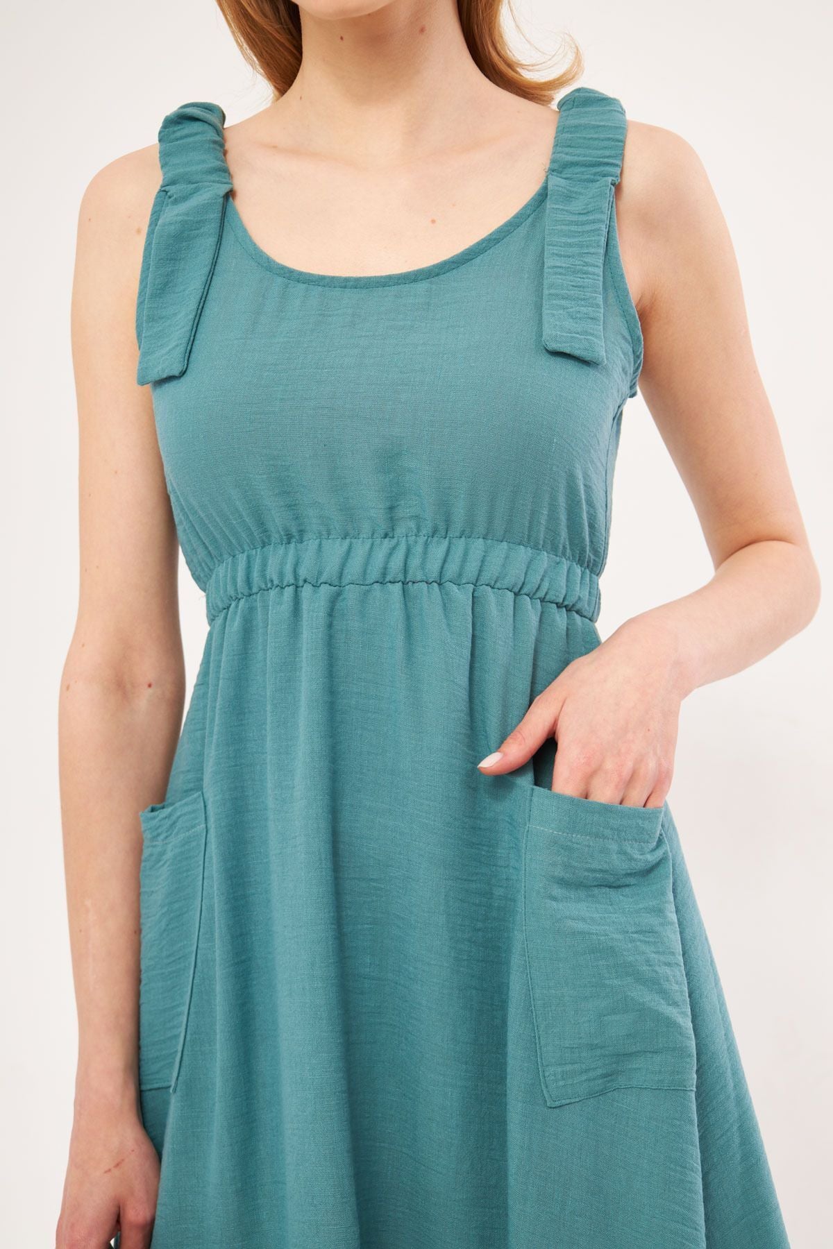 Female turquoise decatria dress waist and straps with rubber pocket linen view midi size ARM-24Y001034