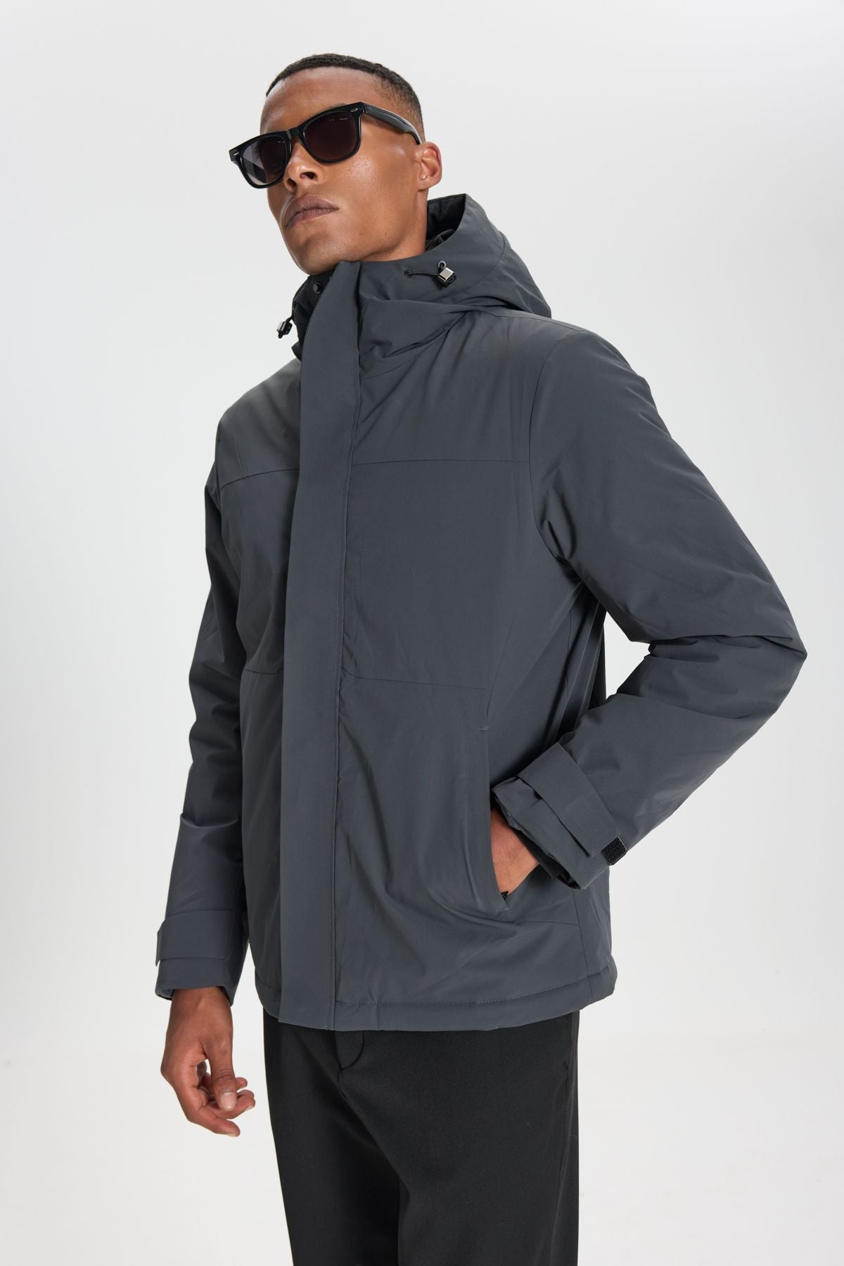 Men's Gray Standard Fit Normal Cutting Hooded SoftShell Zippered Side Pocket Coat