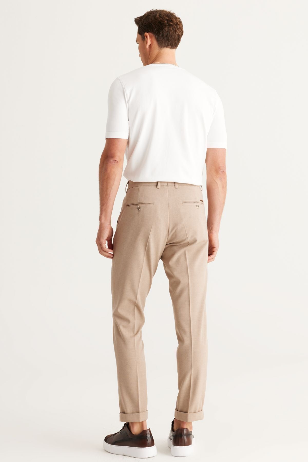 Men's Beige Slim Fit Narrow Cut Waist Waist Flexible Classic Fabric Pants