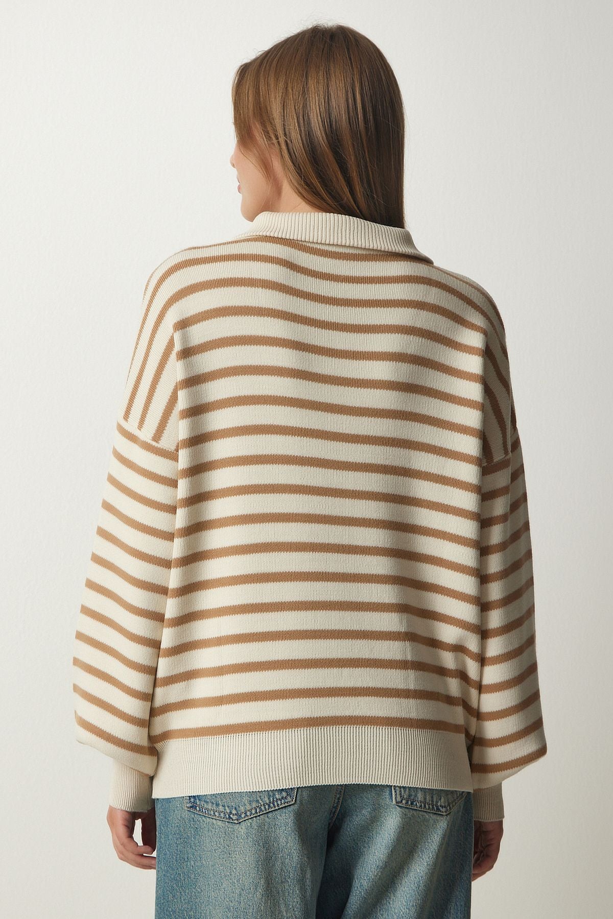 Women's Cream Biscuit Striped Zippered Near Celko Sweater PF00039
