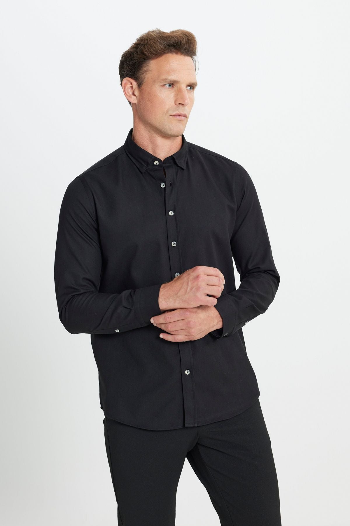 Men's black flannel oxford winter slim fit narrow cut buttoned button shirt