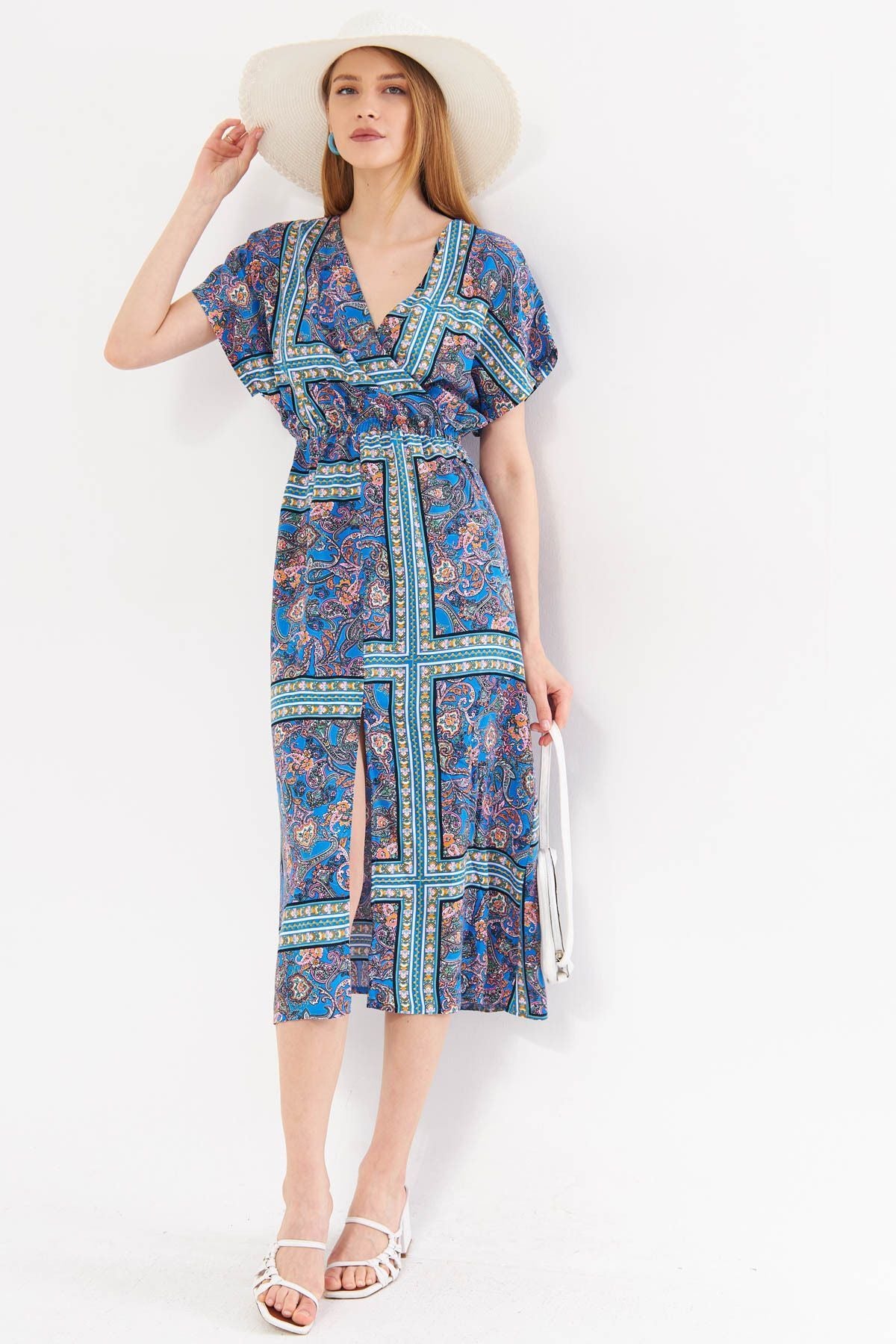 WOMEN BLUE CRAPHY BROTHING BRING ARM WAST LONG DRESS WITH ARM-DRESS ARM-24Y001059