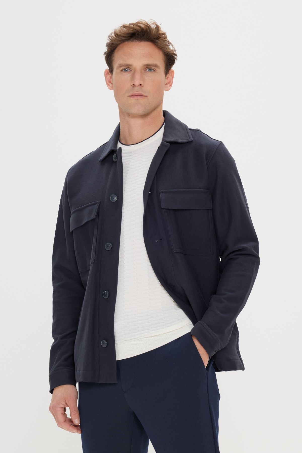 Men's navy blue standard fit normal cut shirt collar 100 %cotton coat