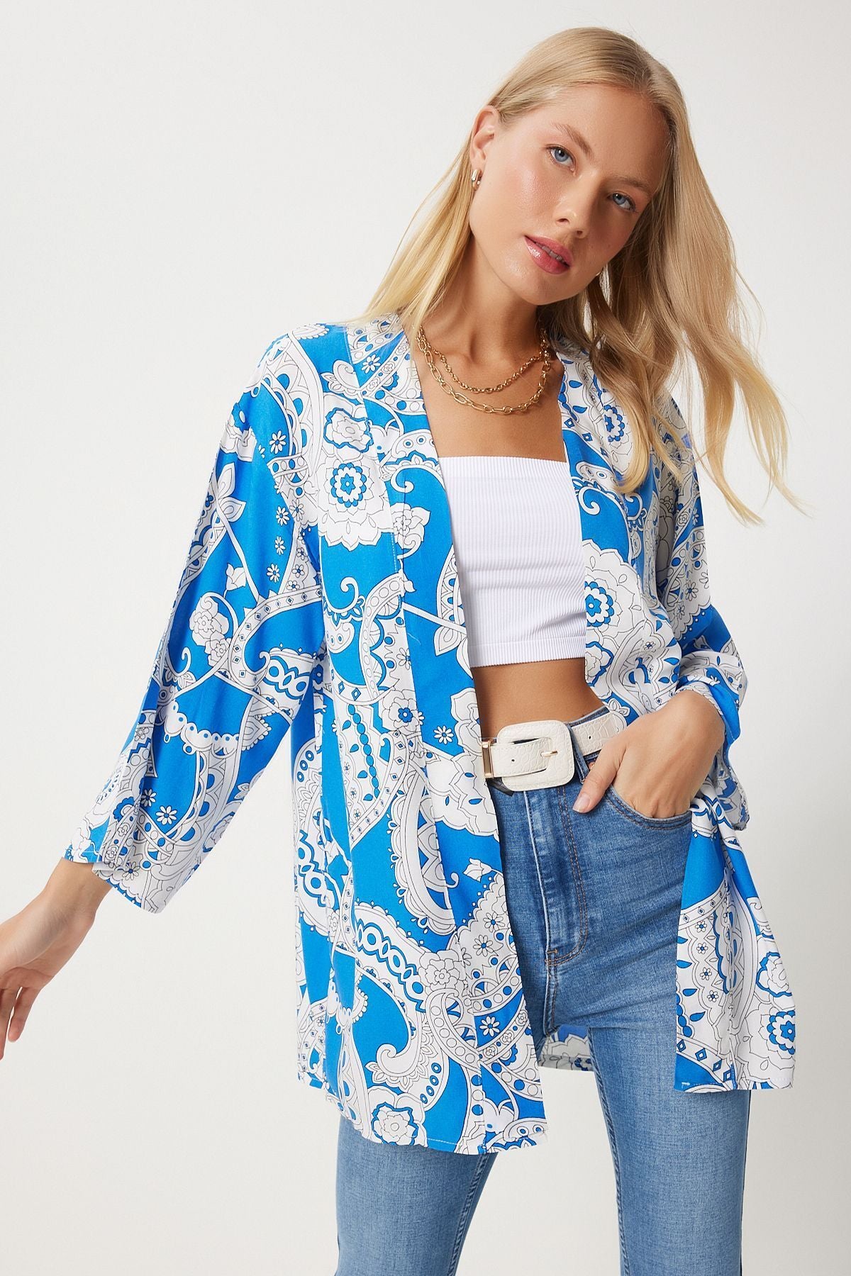 Female Blue White Patterned Viscose Kimono EN00615