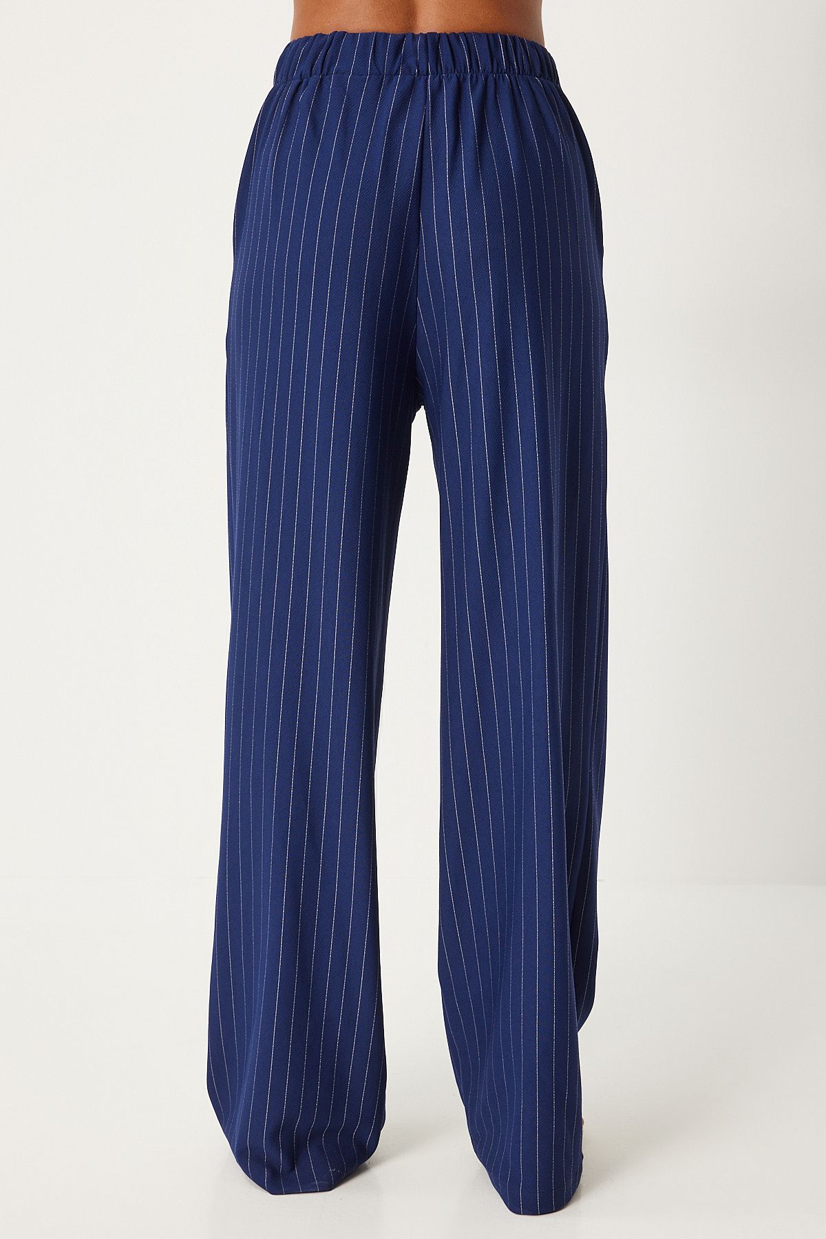 Woman Navy blue fine striped cruve collar vest pants set to00149