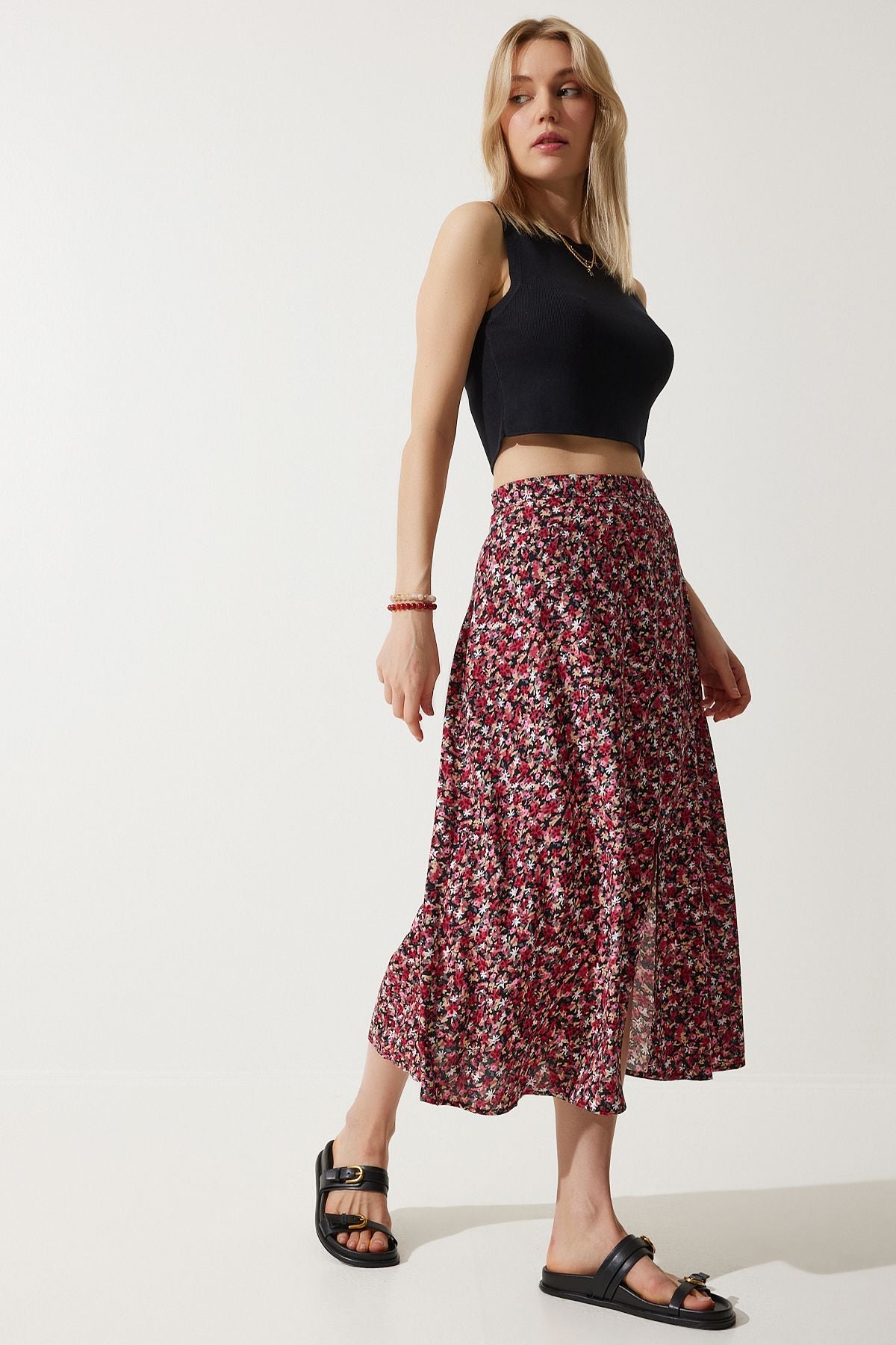 Woman Red Black Flower Swittish Summer Viscose Skirt MX00165