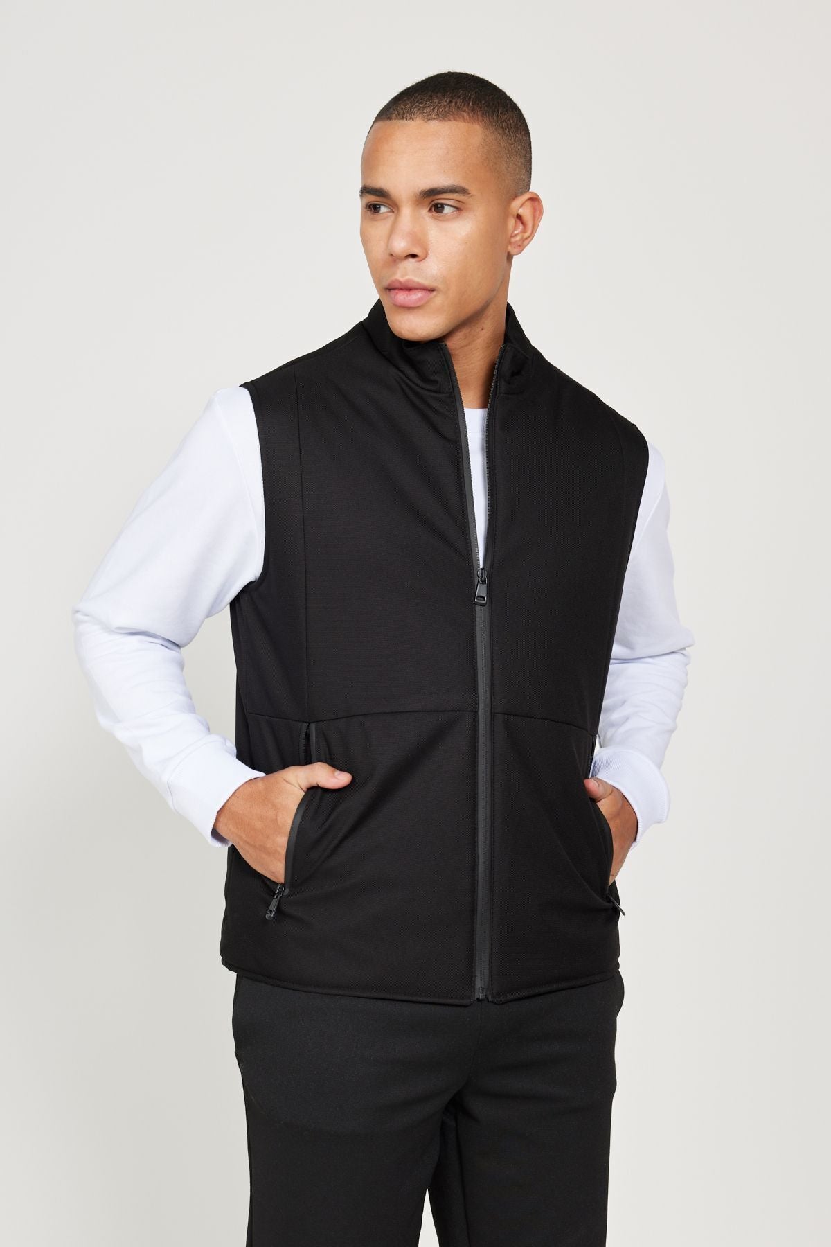 Men's black standard fit Normal cut upright collar vest