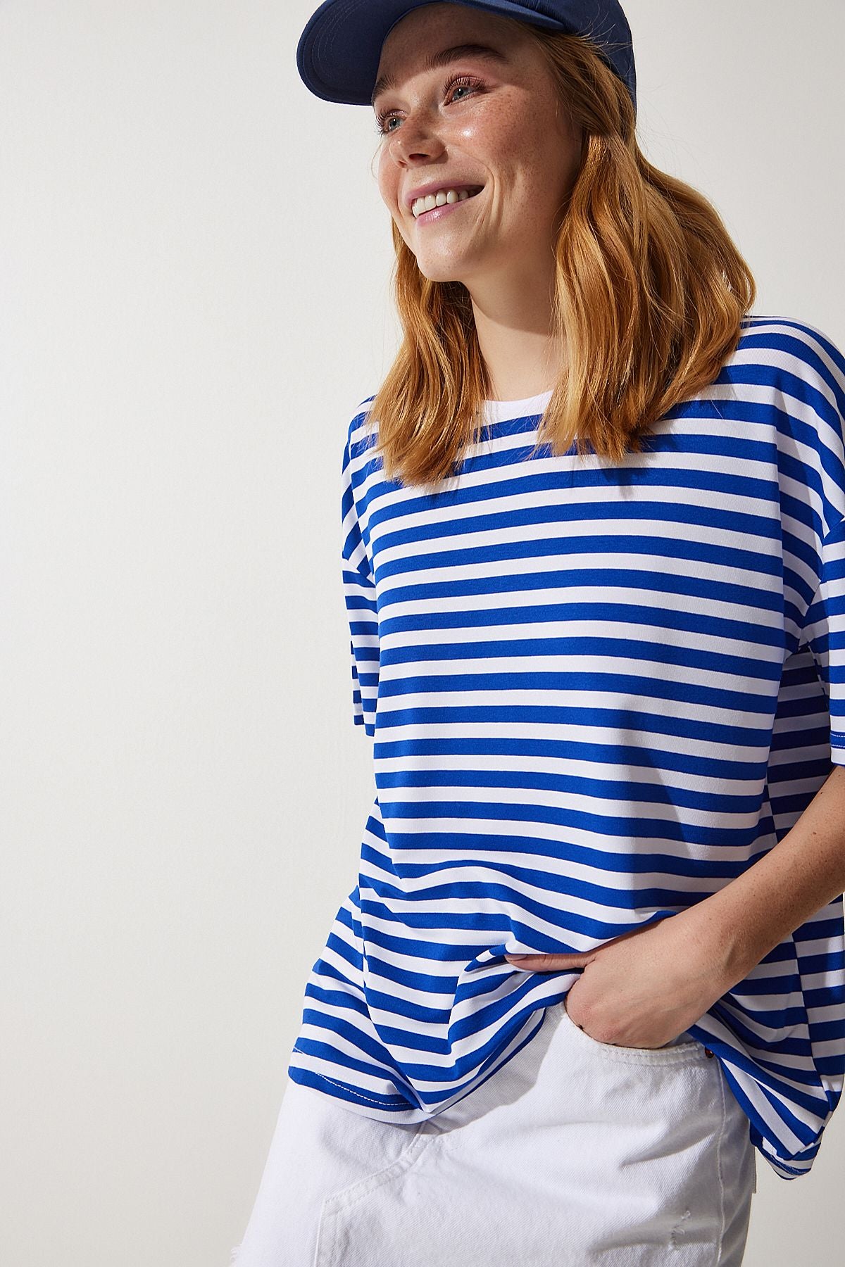 Woman Blue Bicycle Collar Striped Oversize knitting T-shirt EN00609