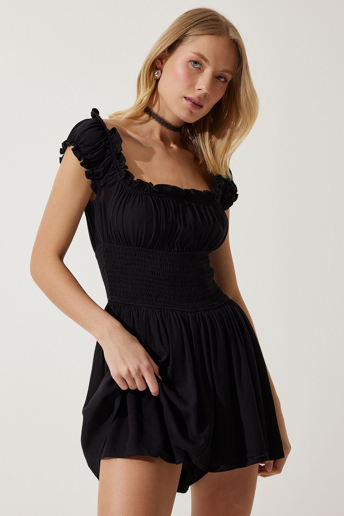 Female black carmen collar mini weaving overalls dress ub00263