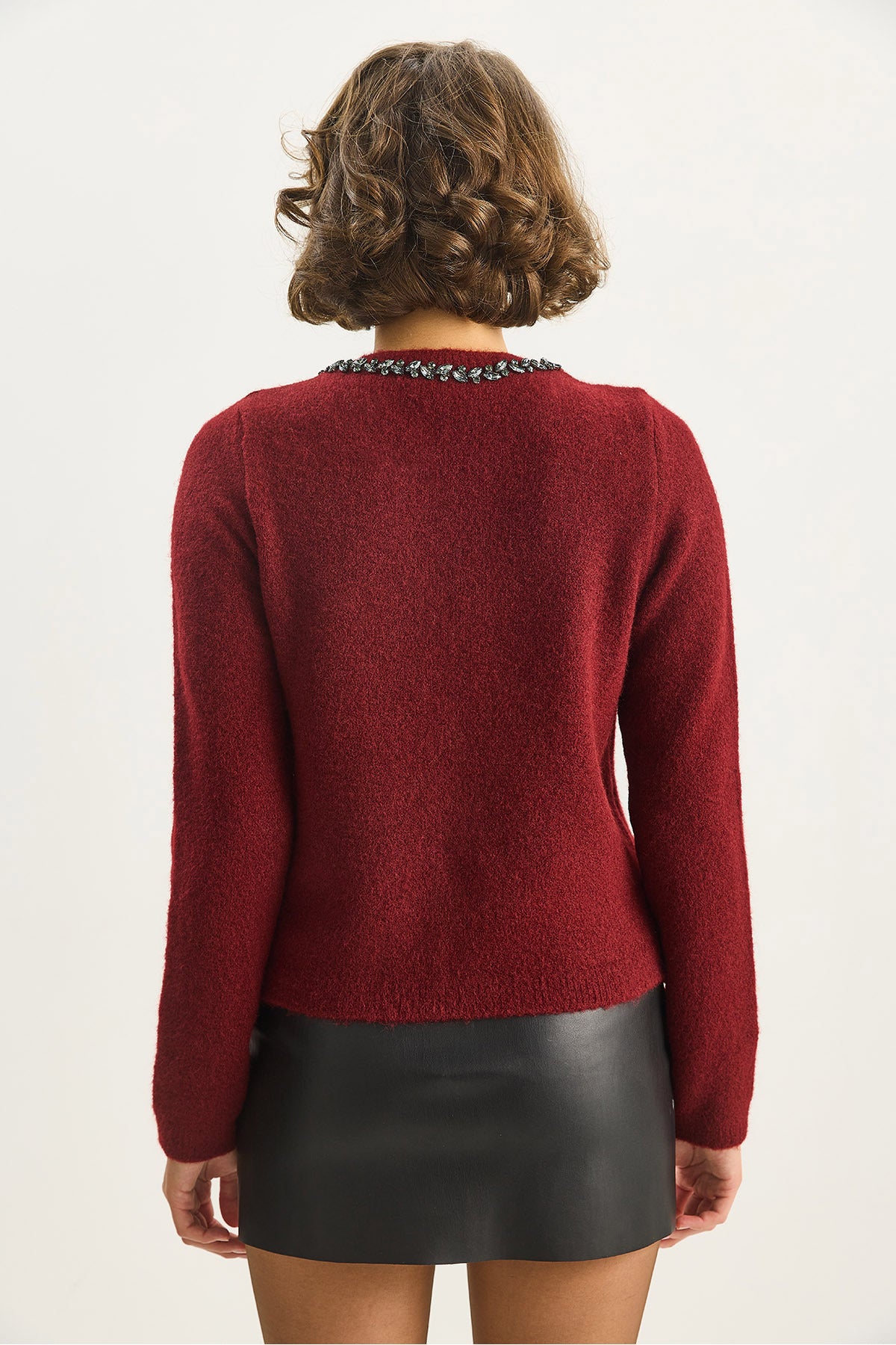 Women's Crew Neck Elegant Stone Embroidered Buttoned Knitwear Cardigan 4890 60283584