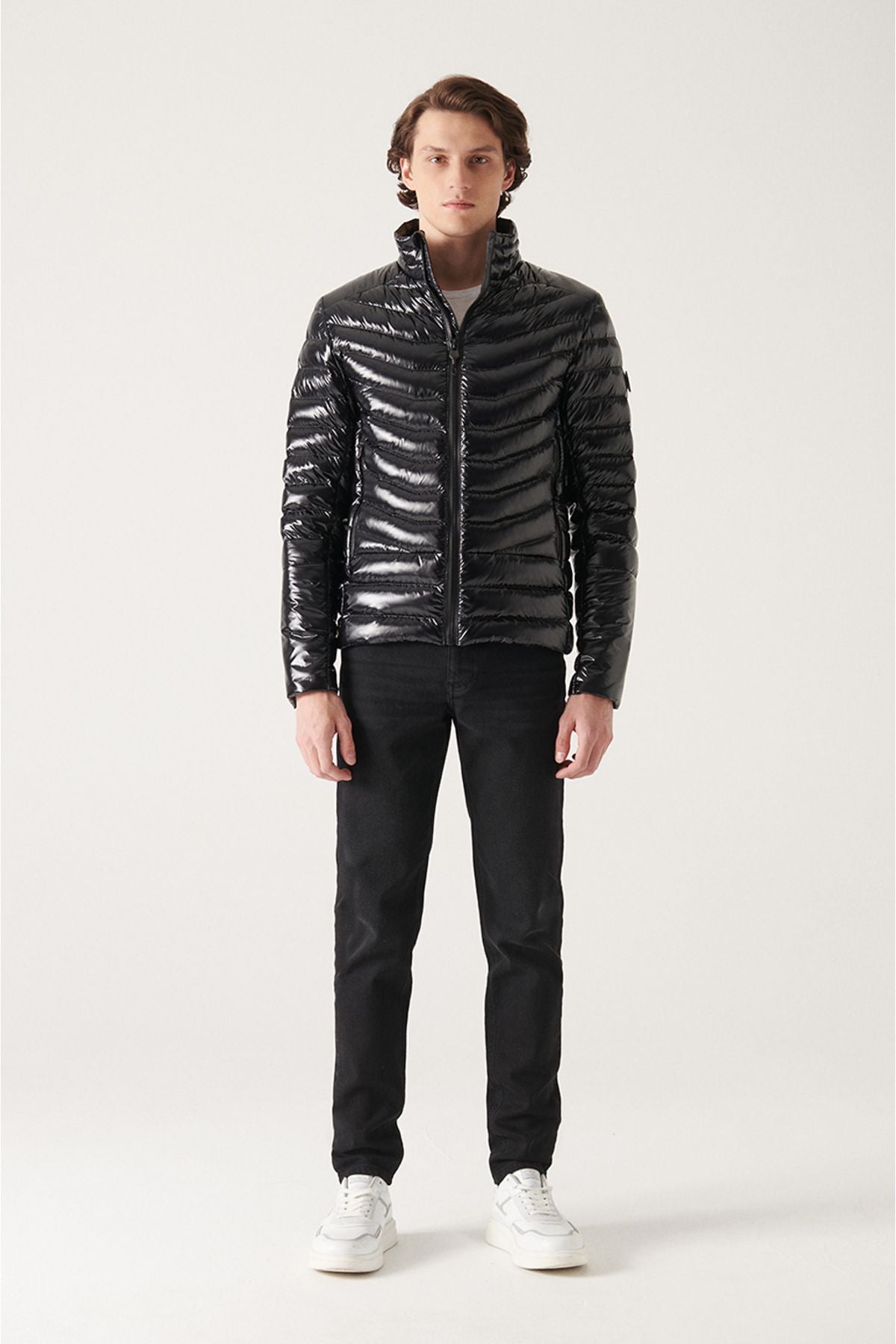 Men's black goose feather water -driven windproof bright swelling coat E006015