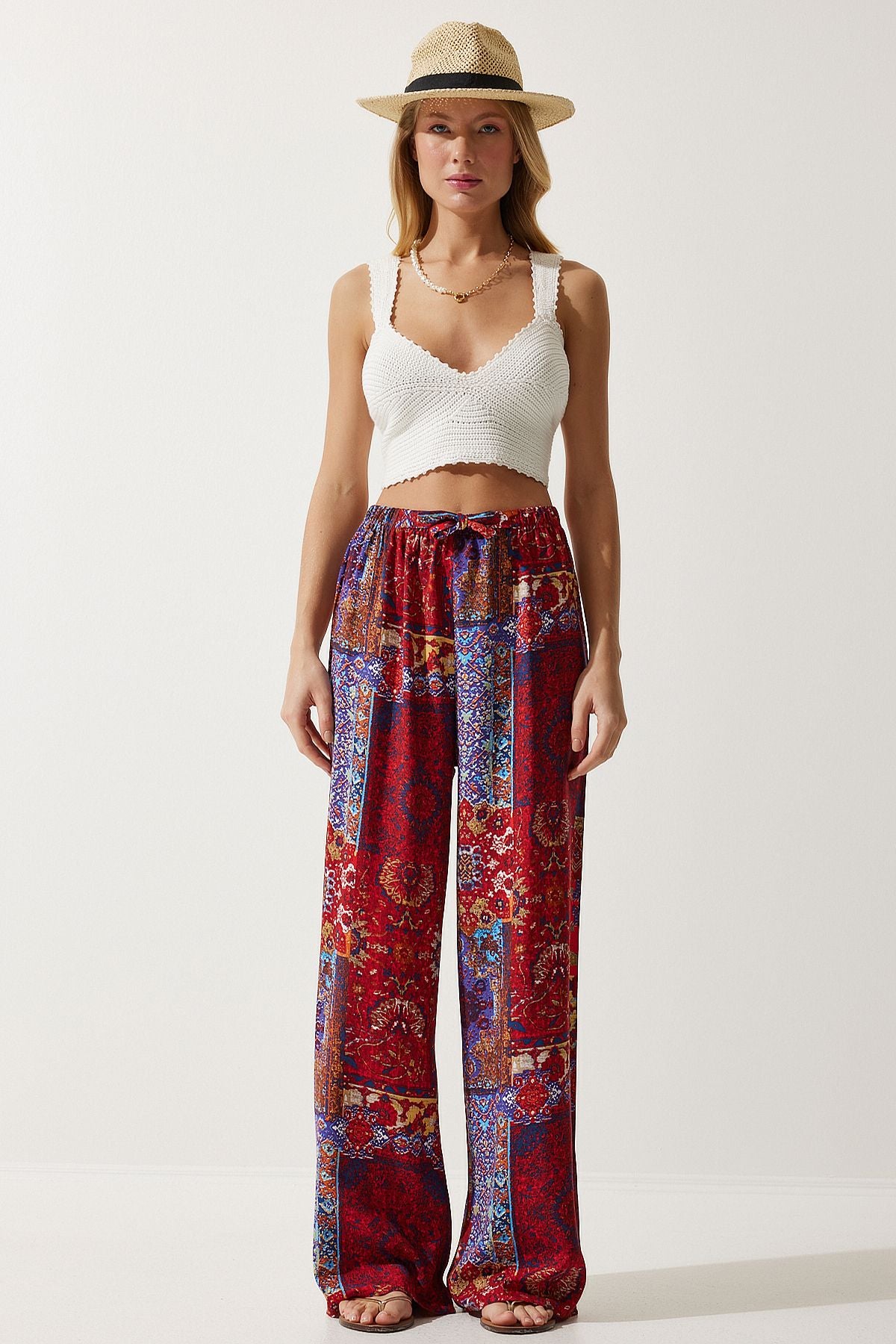 Woman Red Blue Patterned Viscose Palazzo Pants EN00606