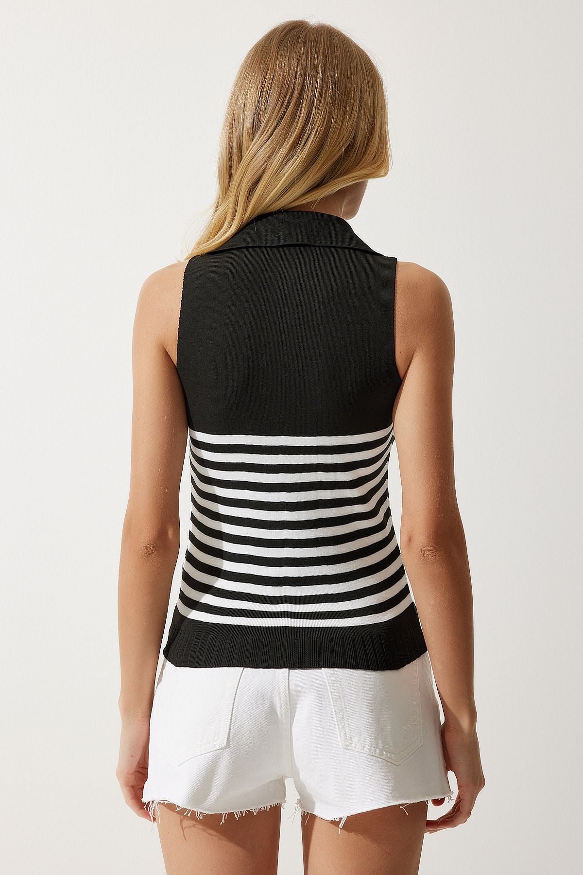 Woman Black Polo Yaka striped knitwear blouse OW00037