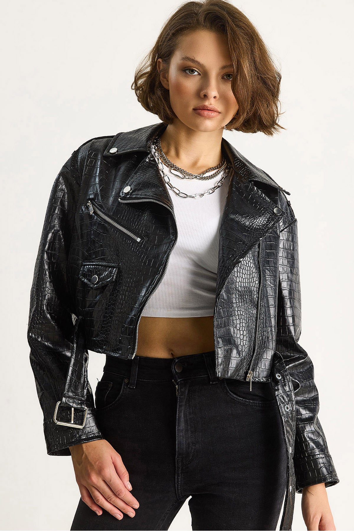 Women's Belted Crocodile Crop Faux Leather Jacket 3131 60284105