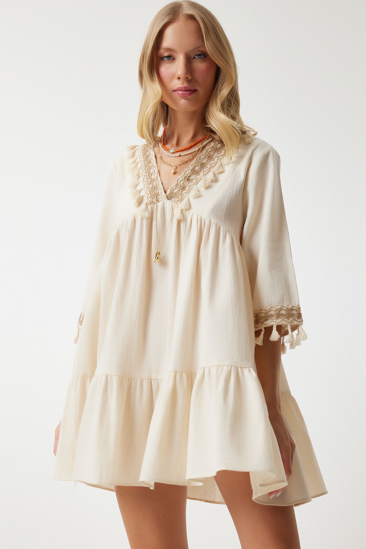 Women's cream v neck tassel detailed mini dress rv00194