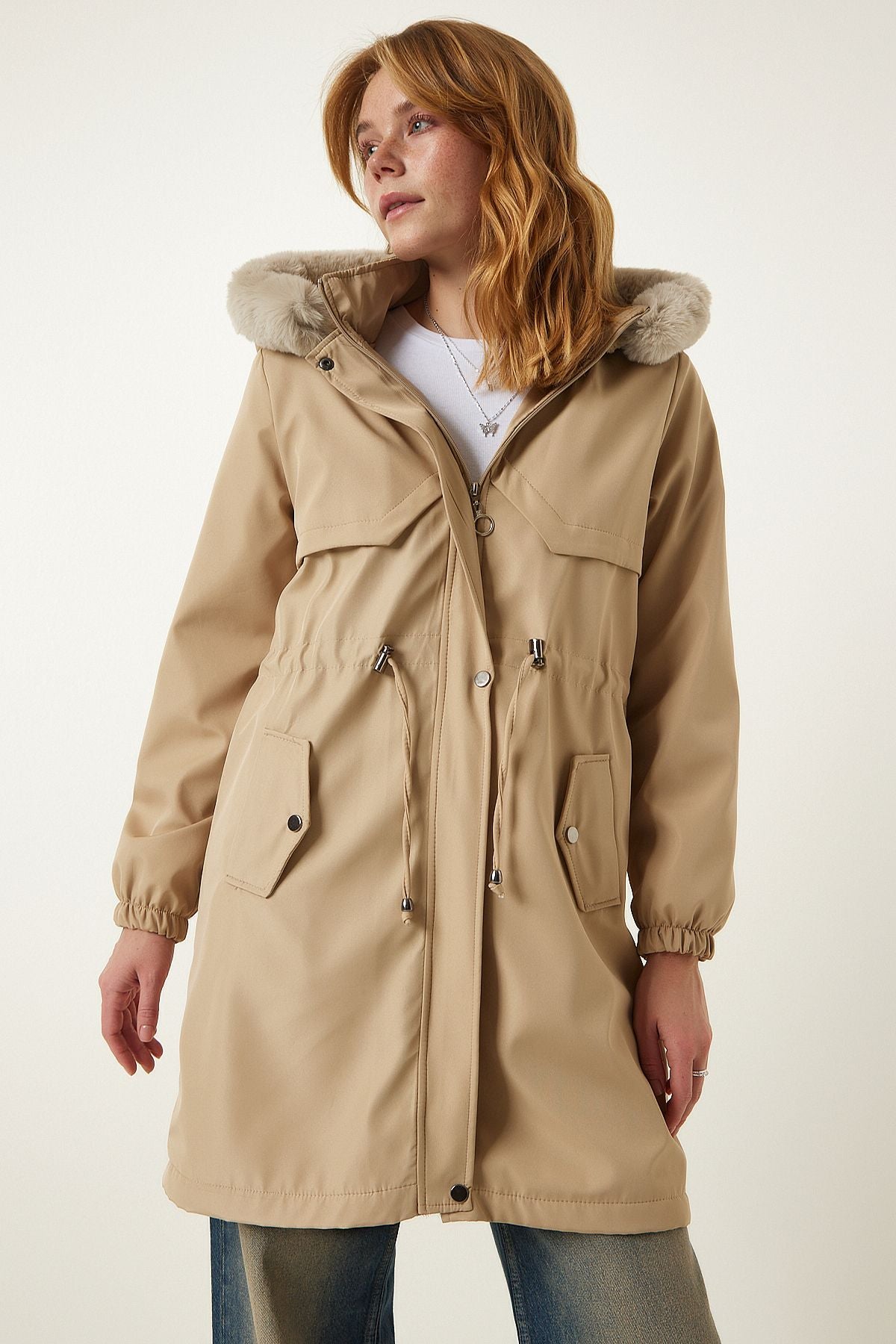 Fur furry coat with a woman beige hooded DD01292