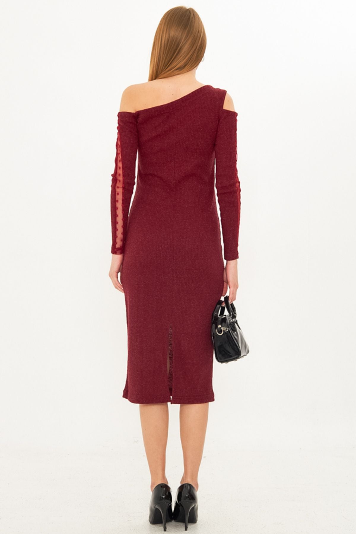 Female Bordeaux Asymmetric Collar Lever Tulle Slit Kashkorse Midi Boy Dress ARM-25K001081